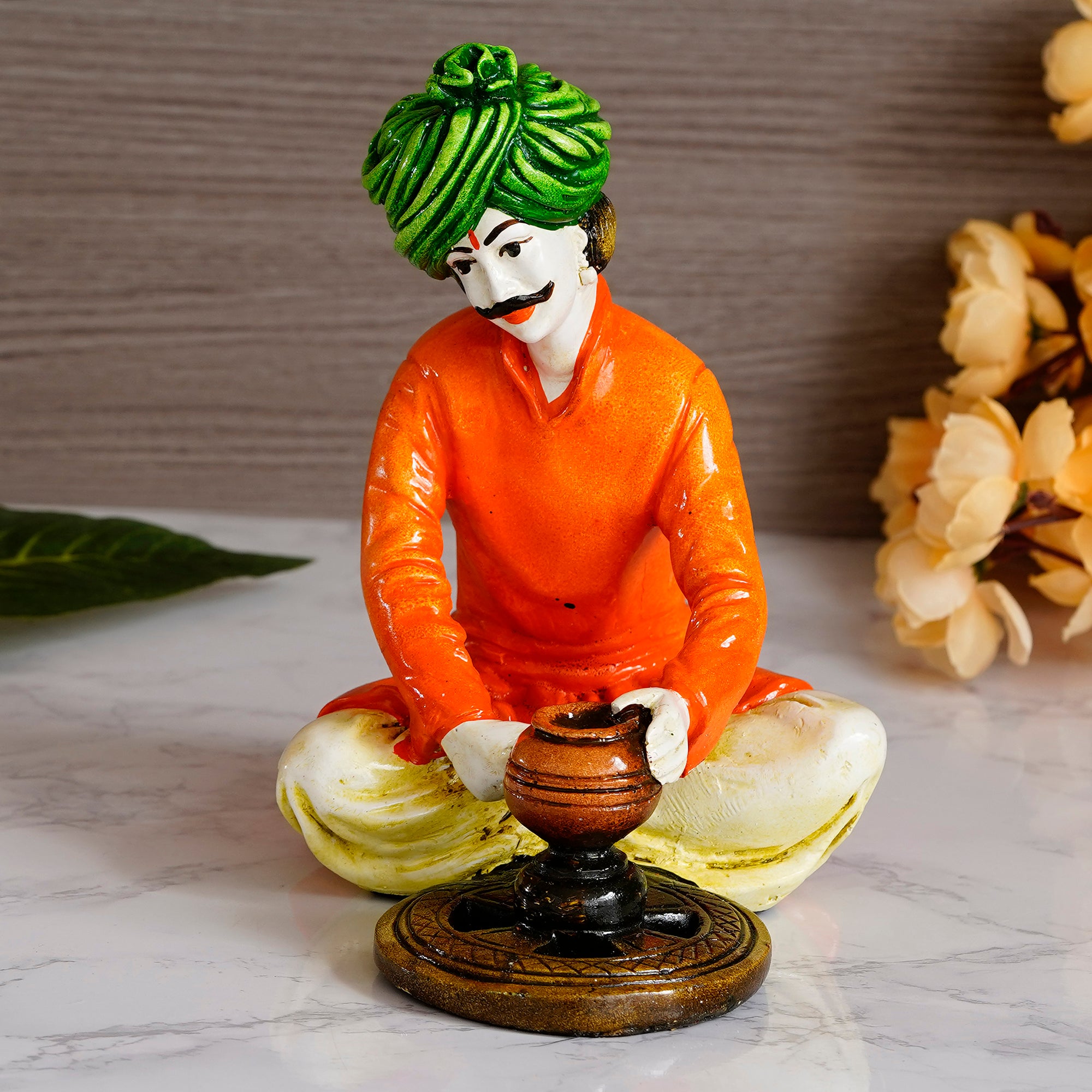 Colorful Rajasthani Man Making Pot Handcrafted Decorative Polyresin Showpiece
