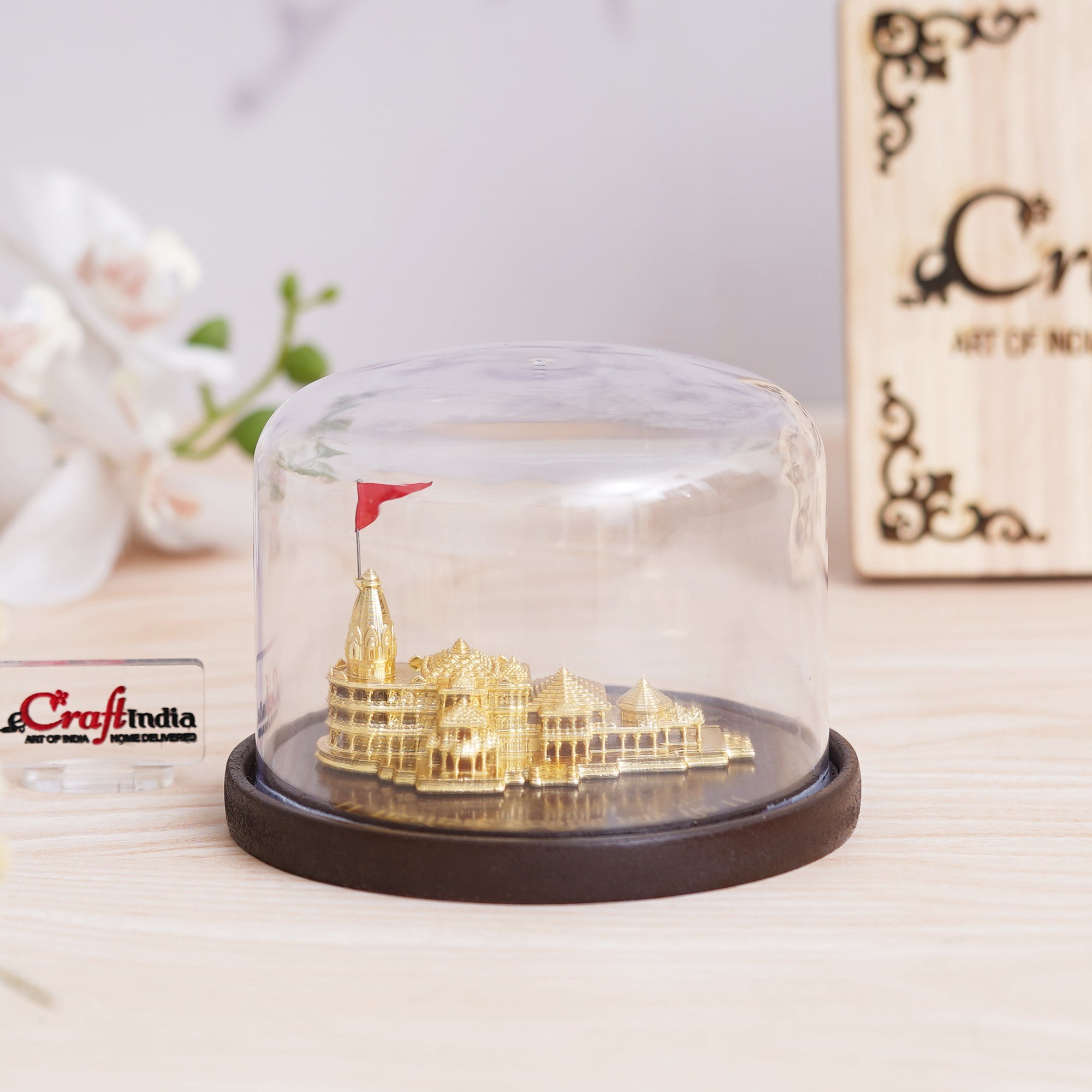 eCraftIndia Golden Shri Ram Mandir Ayodhya Model Authentic Designer Temple Covered by a Glass Dome - Perfect for Home Decor, and Spiritual Gifting