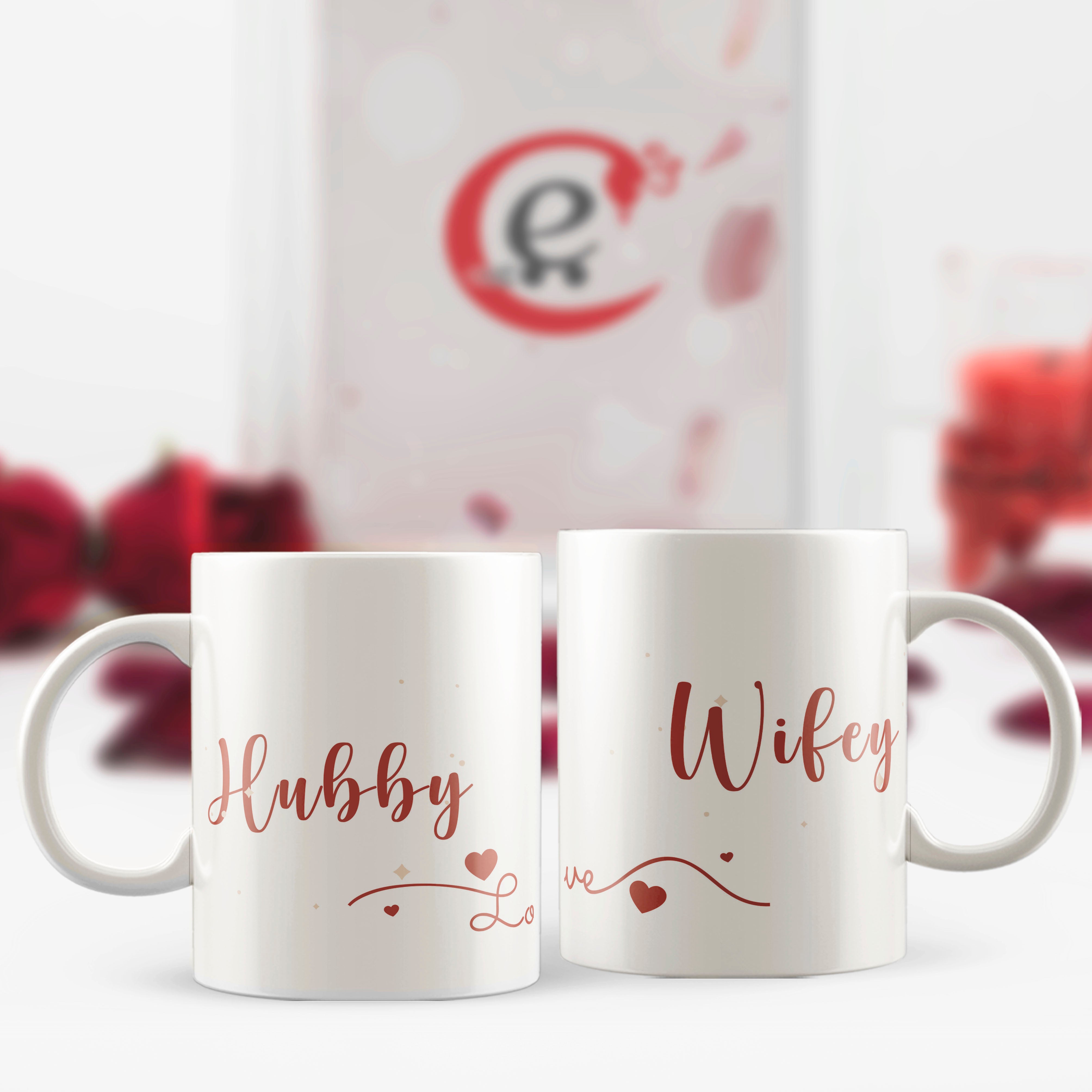 Set of 2 "Hubby-Wifey" Valentine Love theme Ceramic Coffee Mugs