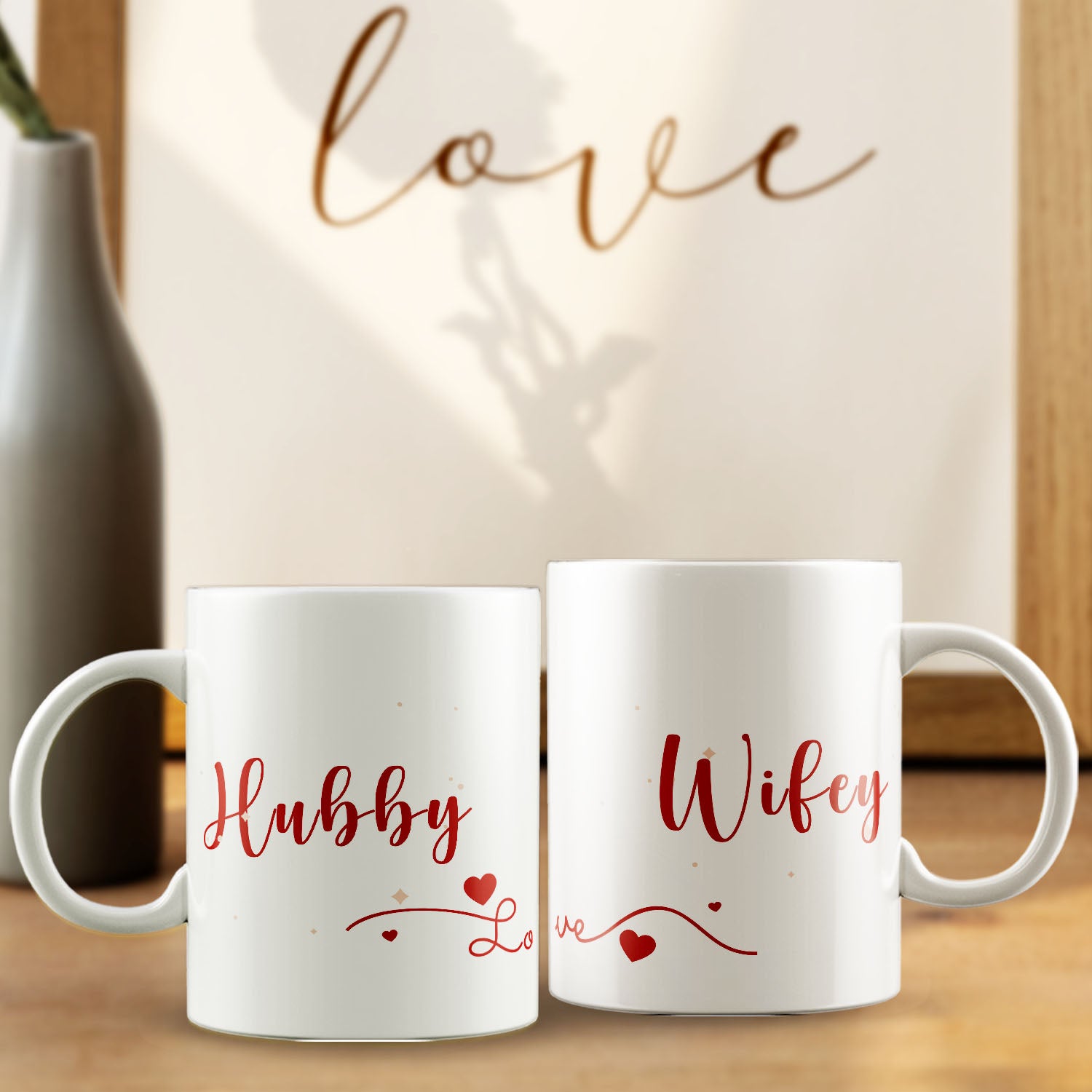Set of 2 "Hubby-Wifey" Valentine Love theme Ceramic Coffee Mugs 1