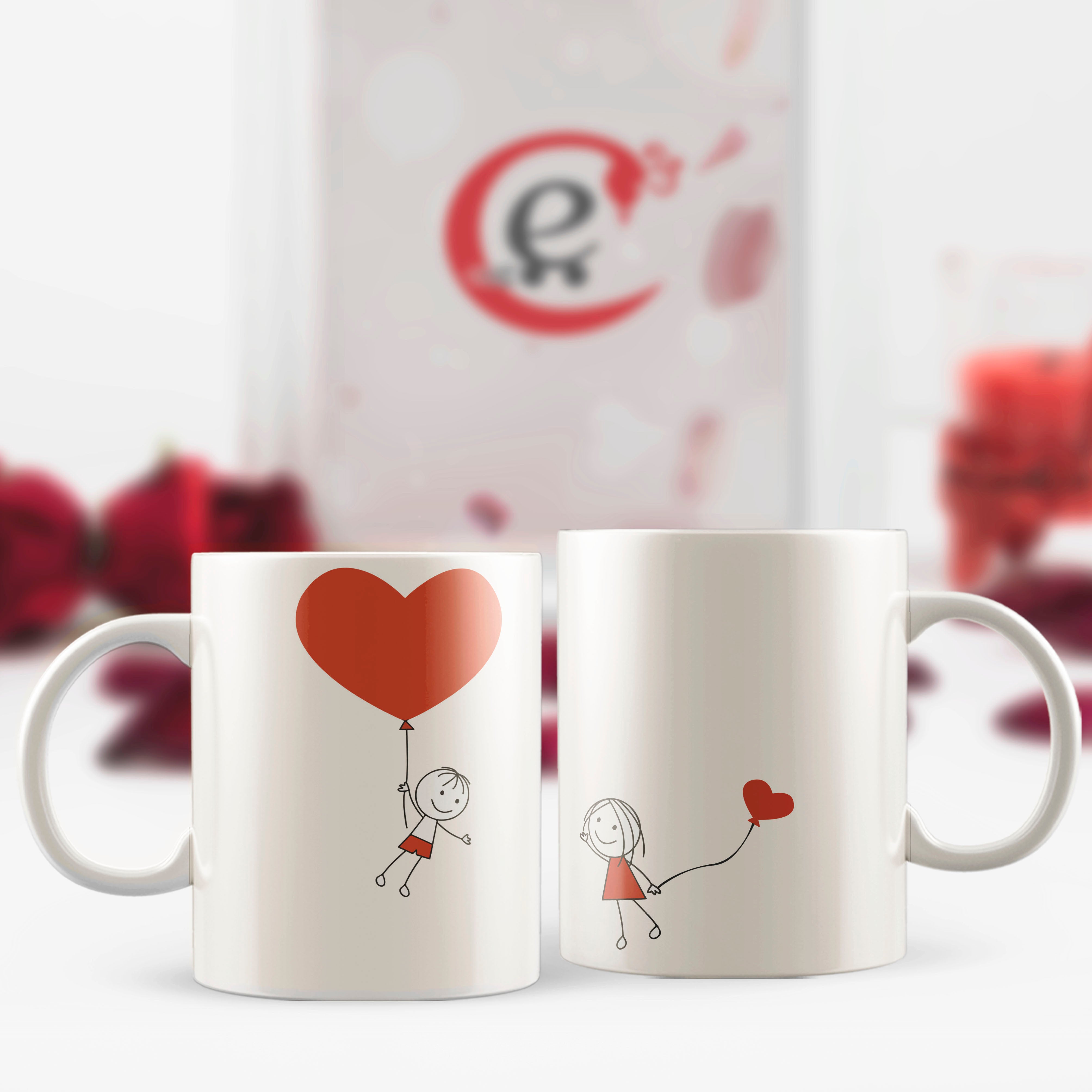 Set of 2 couple line art Valentine Love theme Ceramic Coffee Mugs