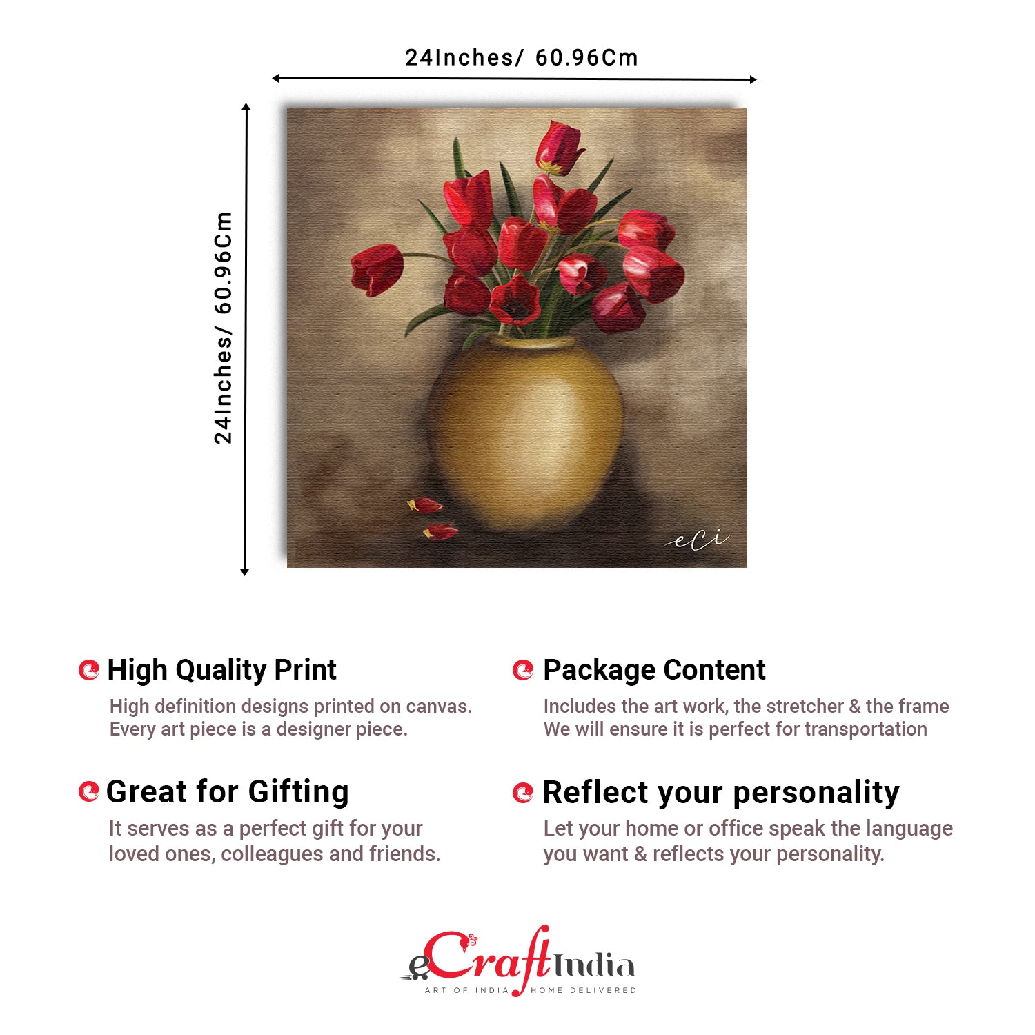 Beautiful Red Rose Flower Vase Original Design Canvas Printed Wall Painting 3