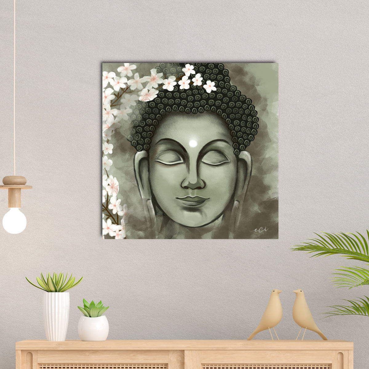Meditating Lord Buddha Green Original Design Canvas Printed Wall Painting eCraftIndia Online