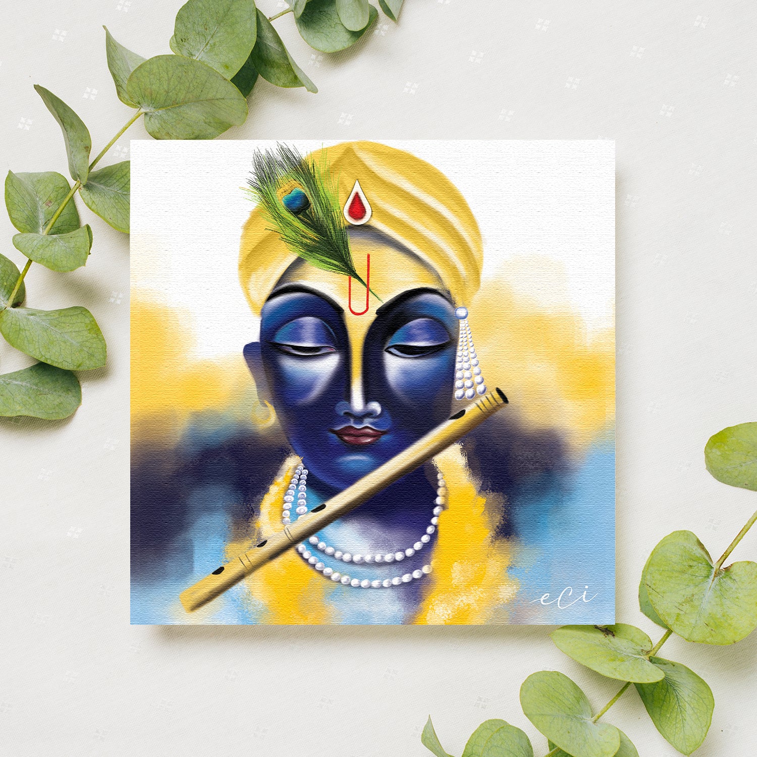 Lord Krishna Playing Flute Painting Digital Printed Canvas Wall Art 1