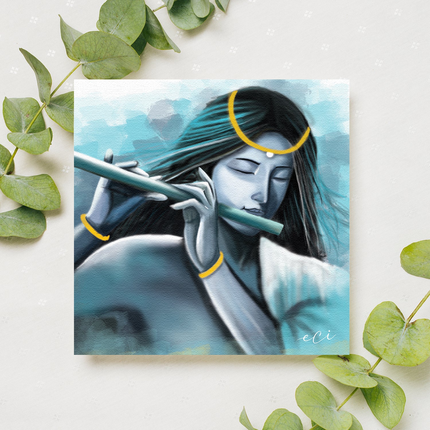 Lord Krishna Playing Flute Painting Digital Printed Canvas Wall Art 1