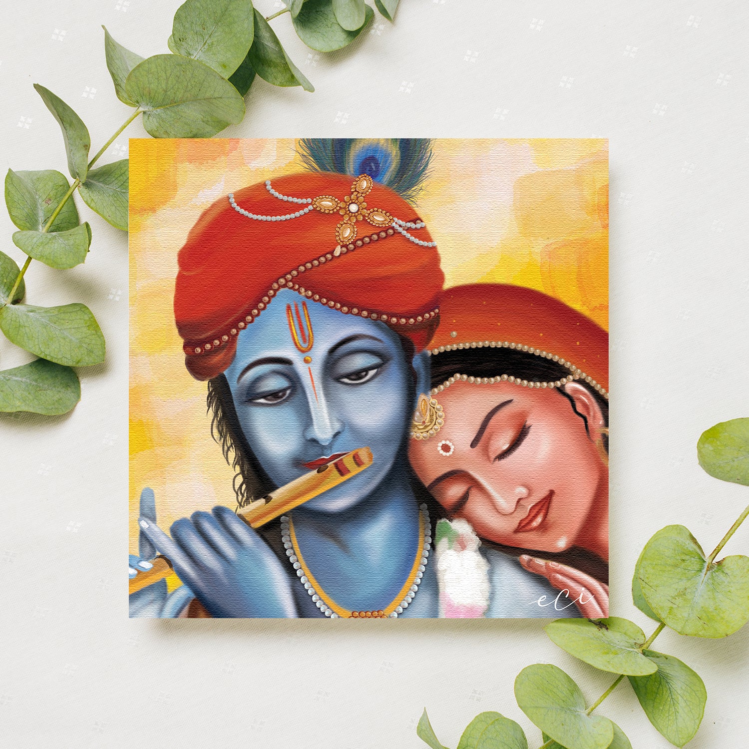 Beautiful Radha Krishna With Flute Canvas Printed Wall Painting 2