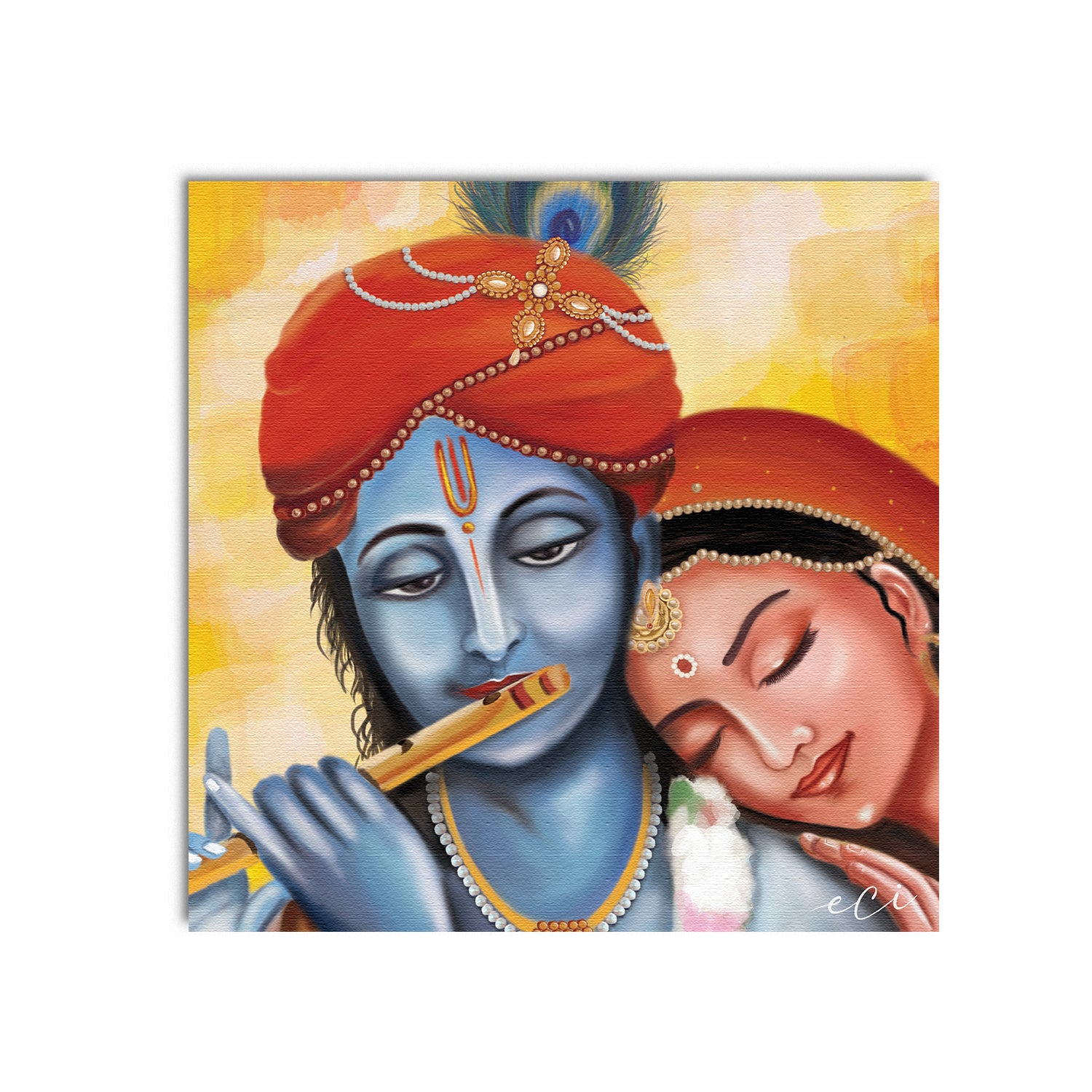 Beautiful Radha Krishna With Flute Canvas Printed Wall Painting