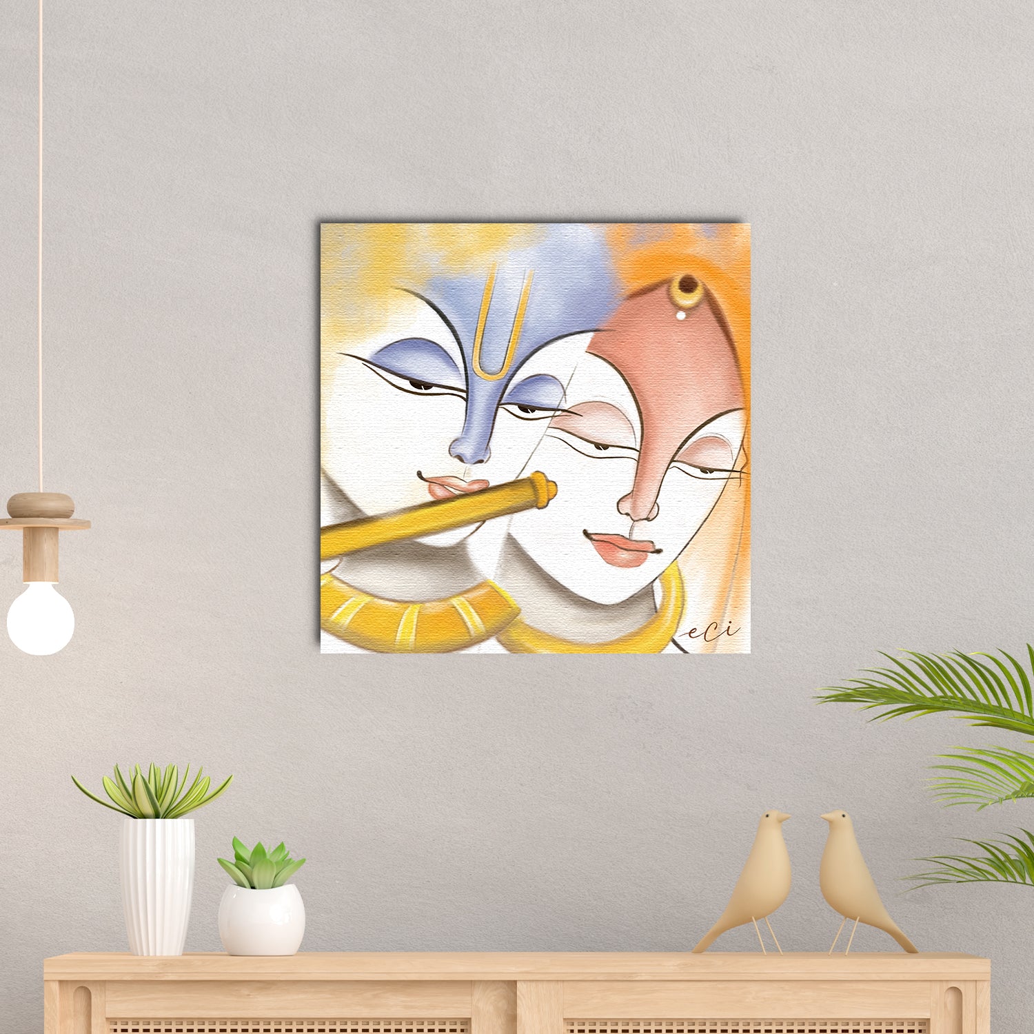 Beautiful Radha Krishna Playing Flute Painting Digital Printed Canvas Wall Art 1