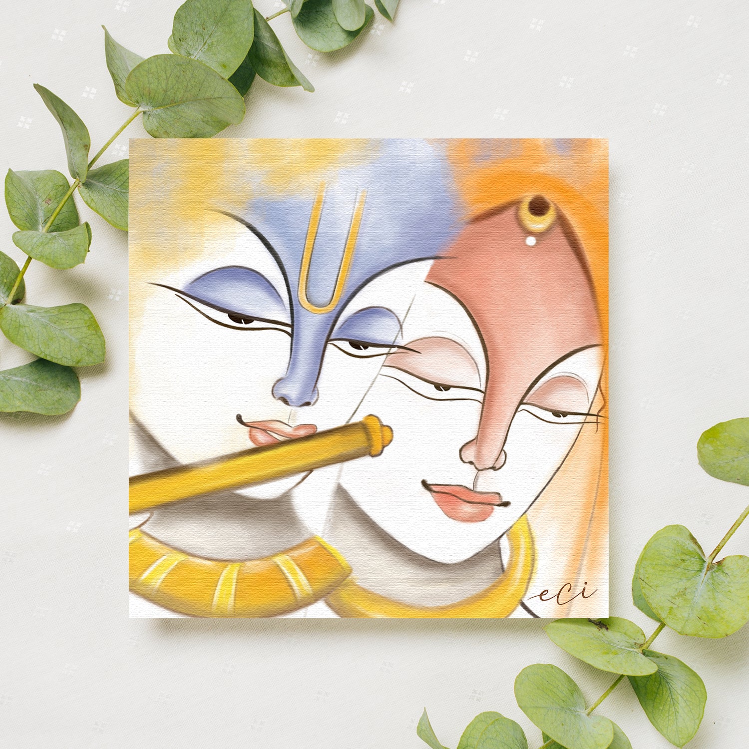 Beautiful Radha Krishna Playing Flute Painting Digital Printed Canvas Wall Art 2