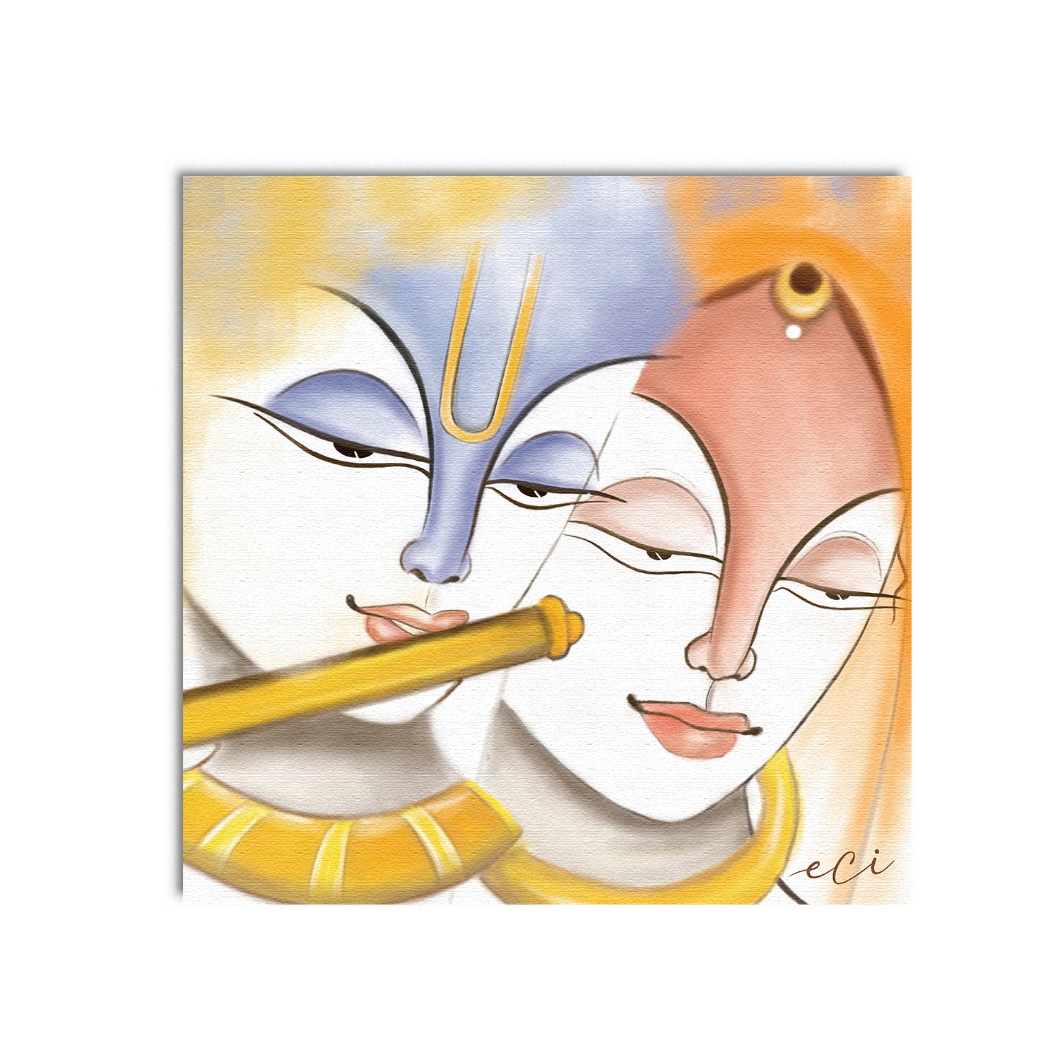 Beautiful Radha Krishna Playing Flute Painting Digital Printed Canvas Wall Art
