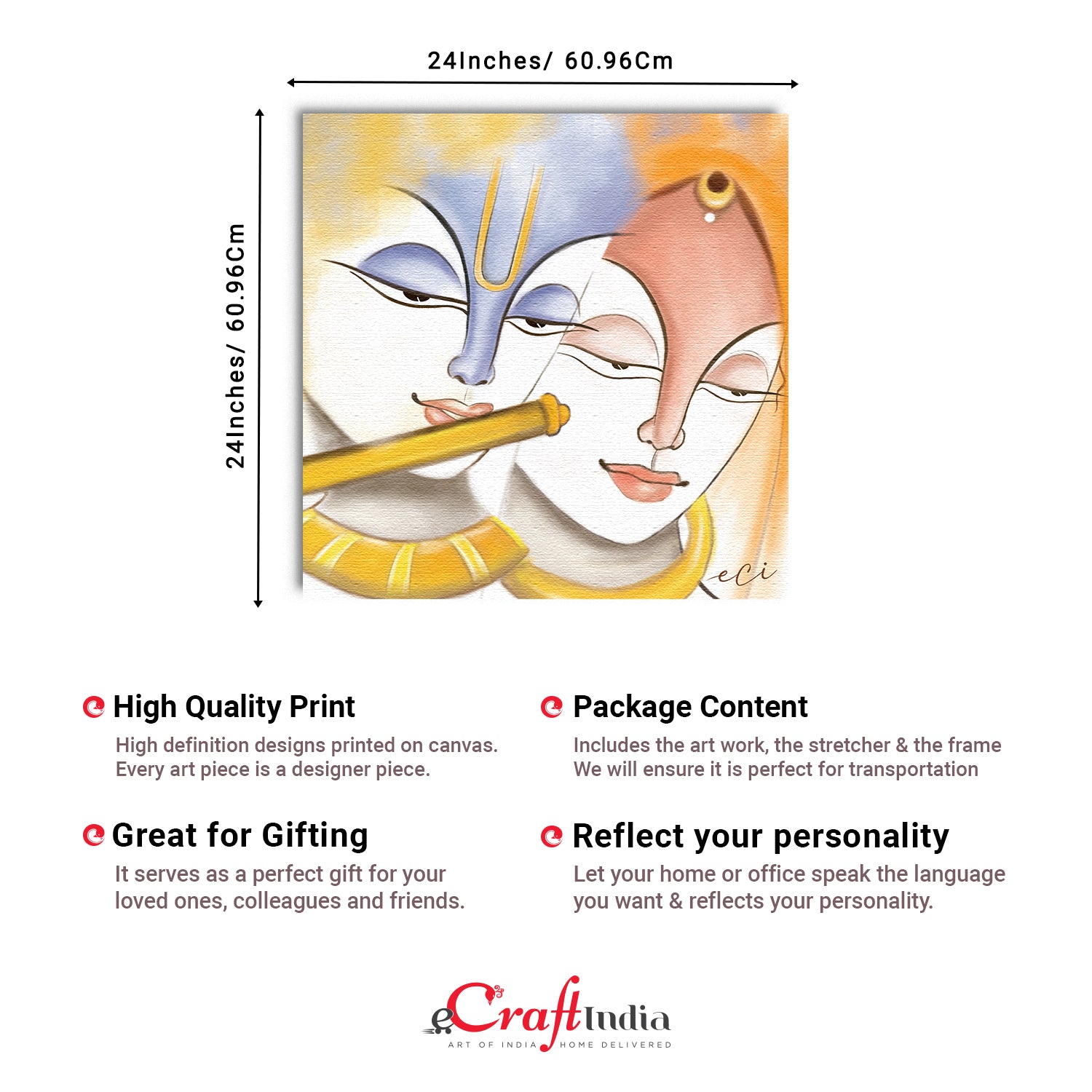 Beautiful Radha Krishna Playing Flute Painting Digital Printed Canvas Wall Art 3