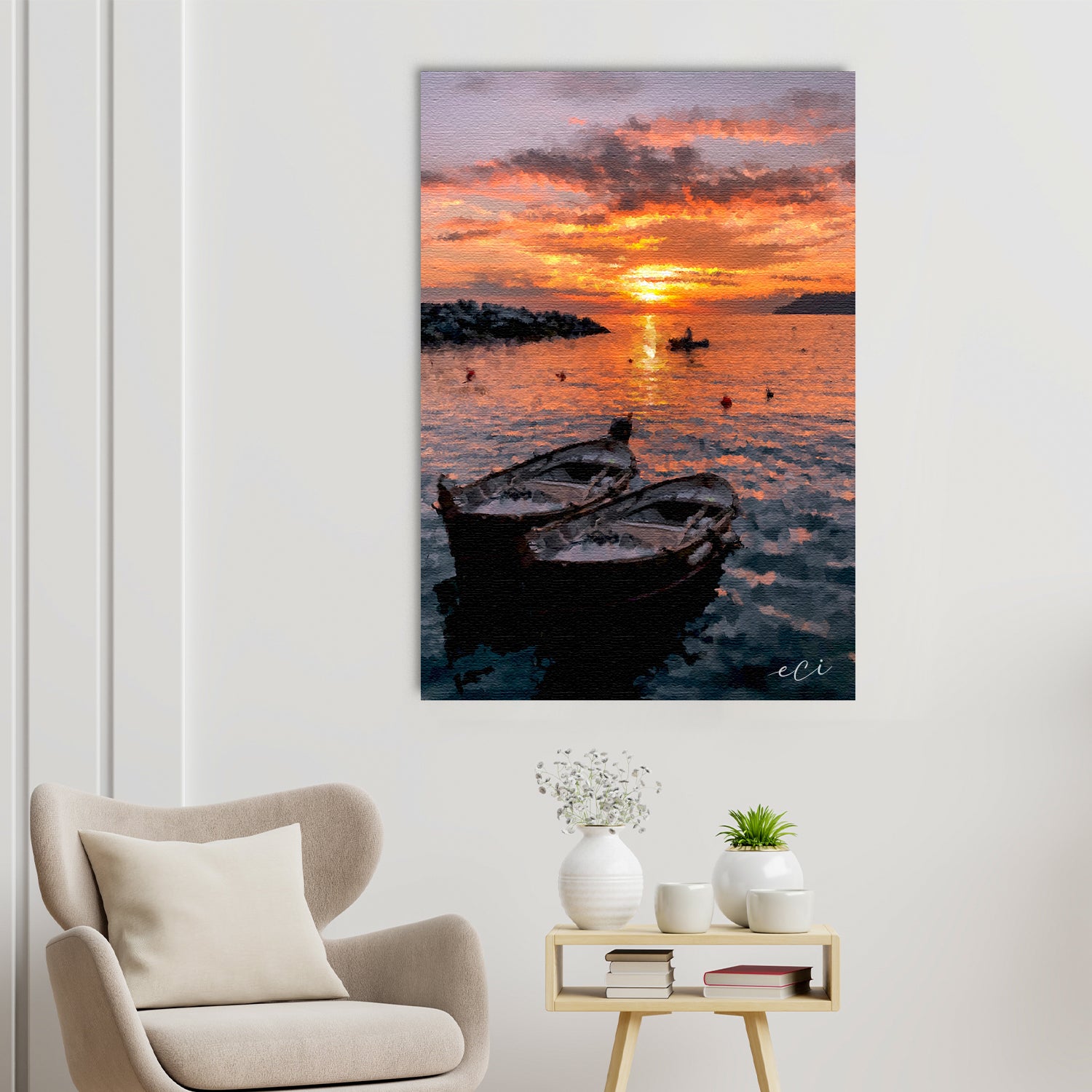 Beautiful Sunset Beach Boat Painting Digital Printed Canvas Wall Art 1