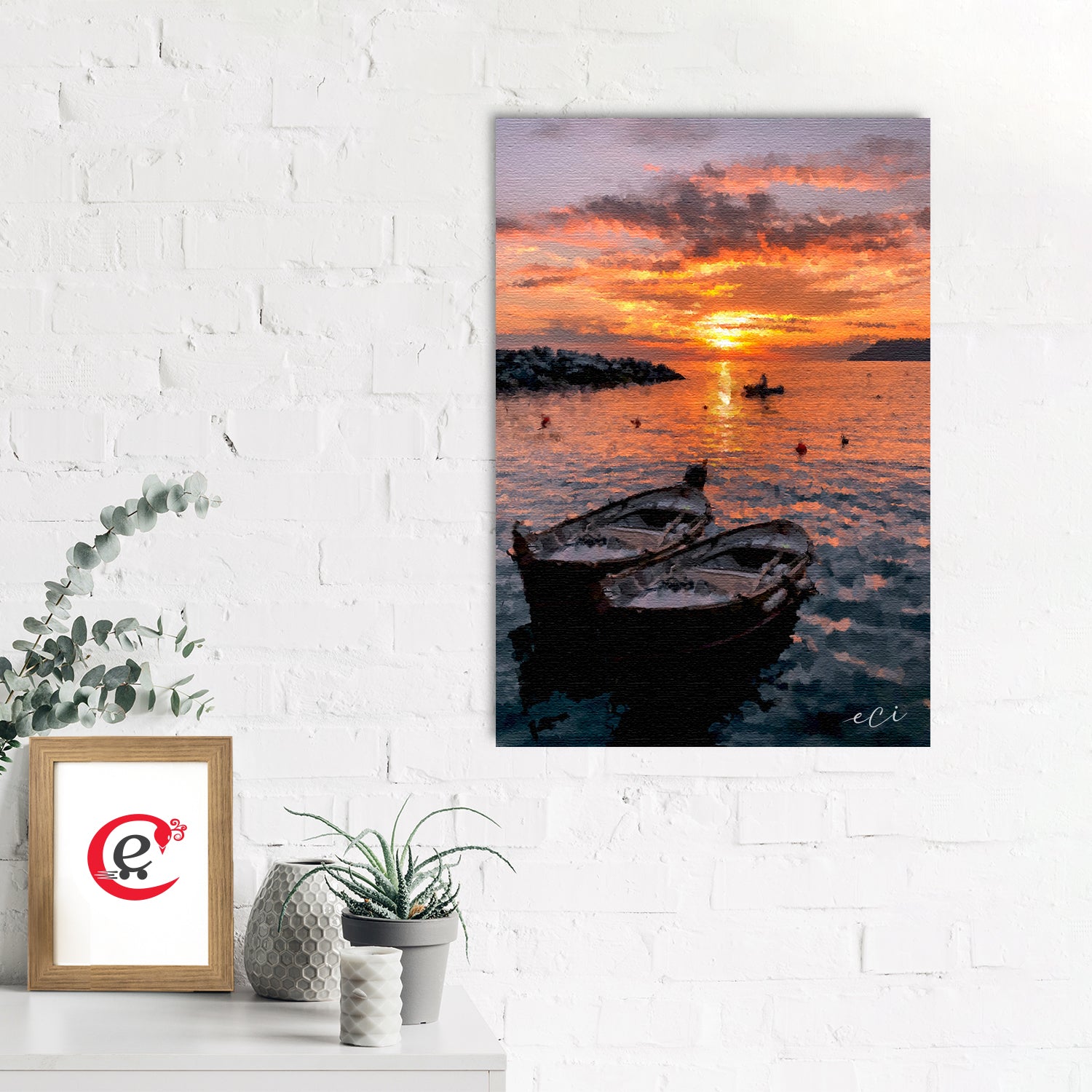 Beautiful Sunset Beach Boat Painting Digital Printed Canvas Wall Art 2