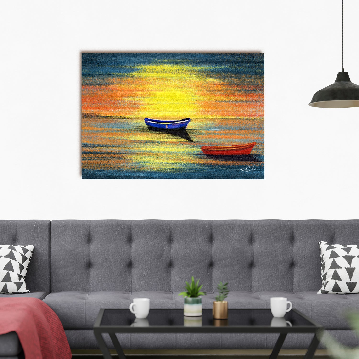Beach Sunset with Boat Original Design Canvas Printed Wall Painting 1