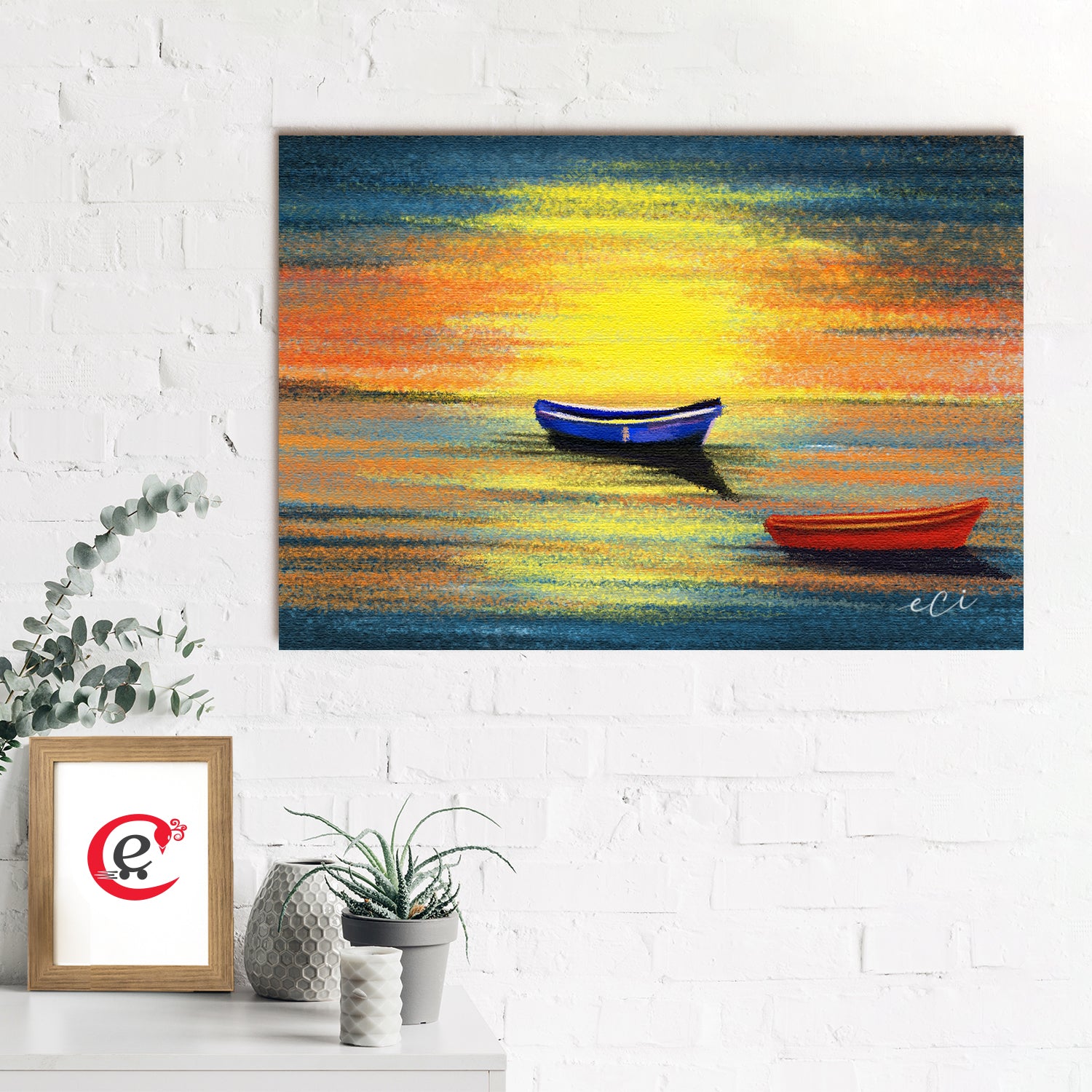 Beach Sunset with Boat Original Design Canvas Printed Wall Painting 2