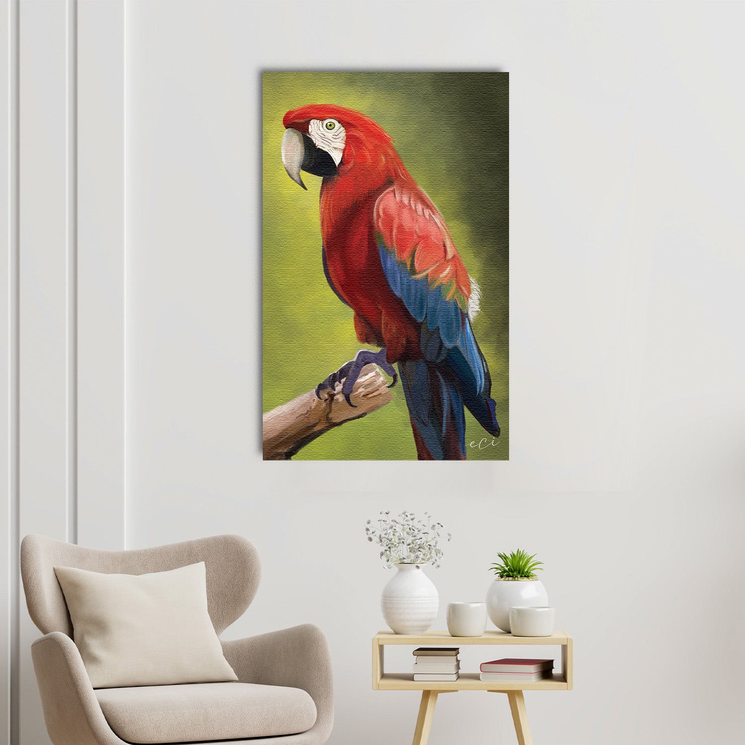 Parrot On Tree Branch Canvas Painting Digital Printed Bird Wall Art