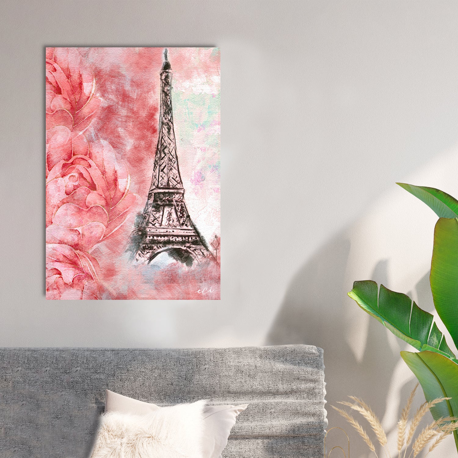 Eiffel Tower With Rose Flowers Painting Digital Printed Canvas Wall Art 1