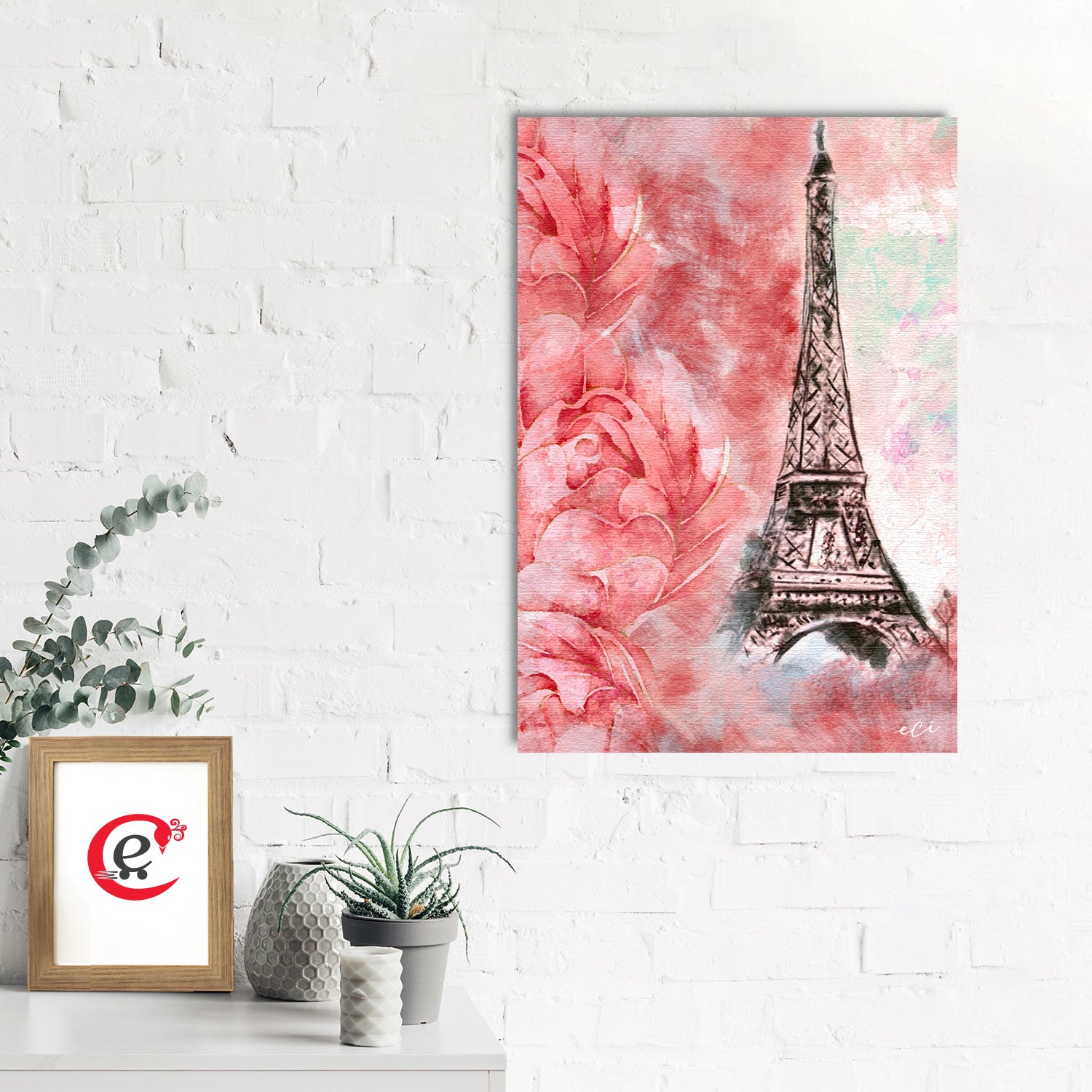 Eiffel Tower With Rose Flowers Painting Digital Printed Canvas Wall Art 2