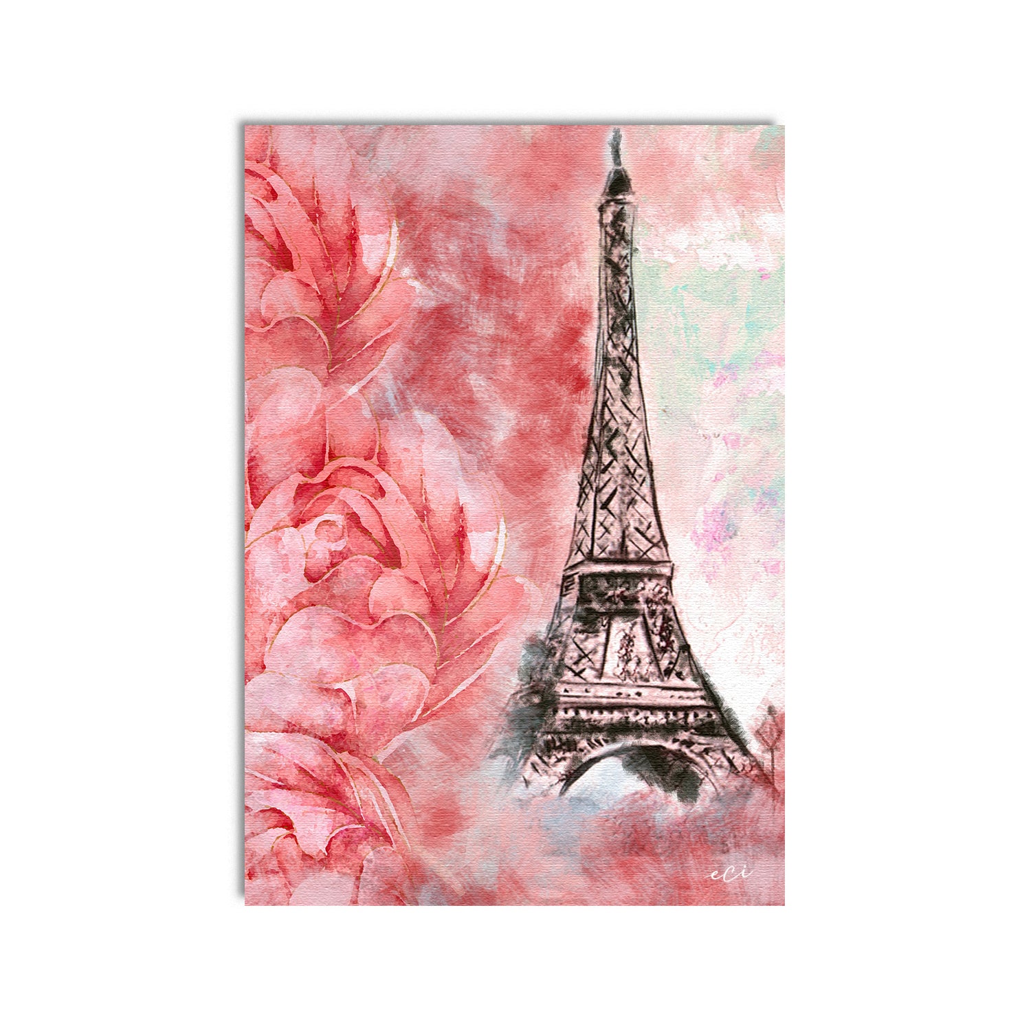 Eiffel Tower With Rose Flowers Painting Digital Printed Canvas Wall Art