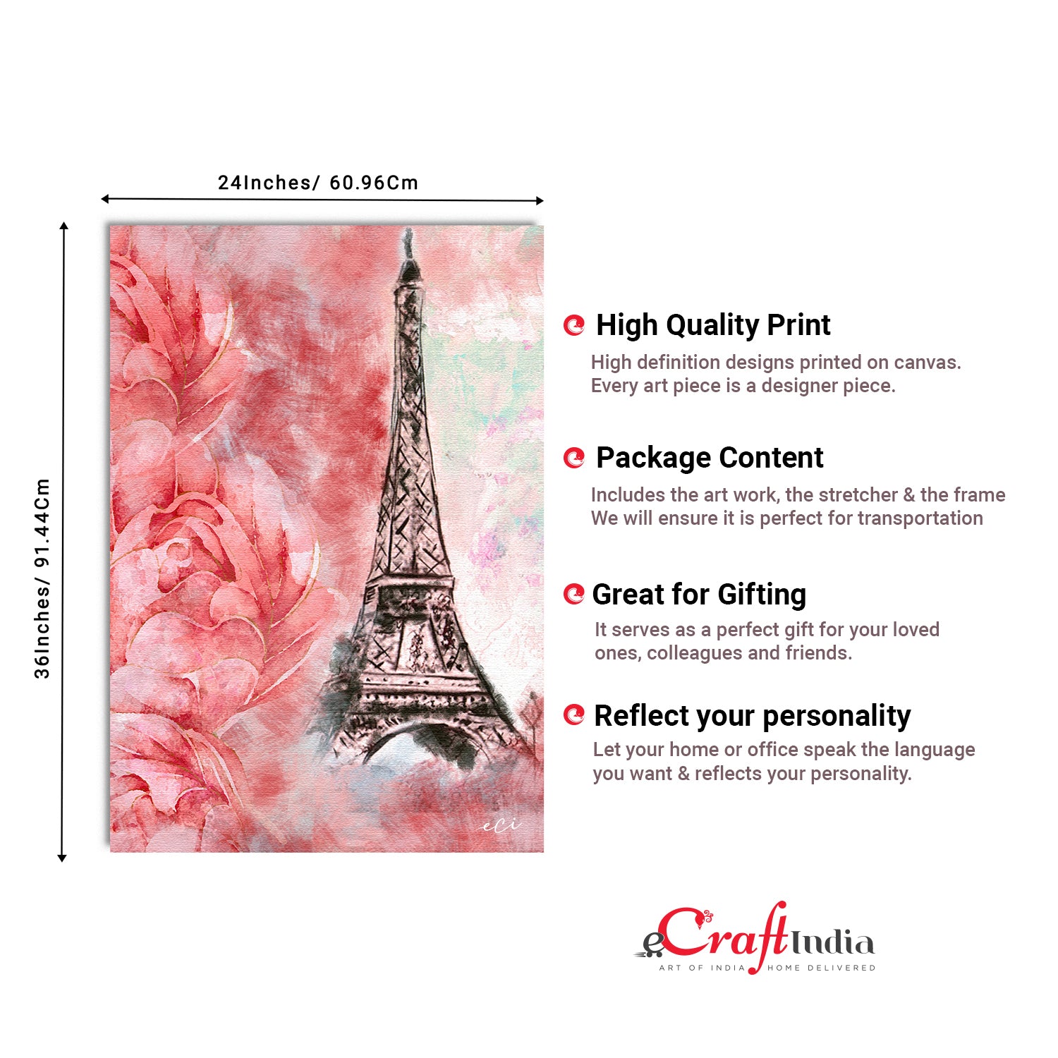 Eiffel Tower With Rose Flowers Painting Digital Printed Canvas Wall Art 3