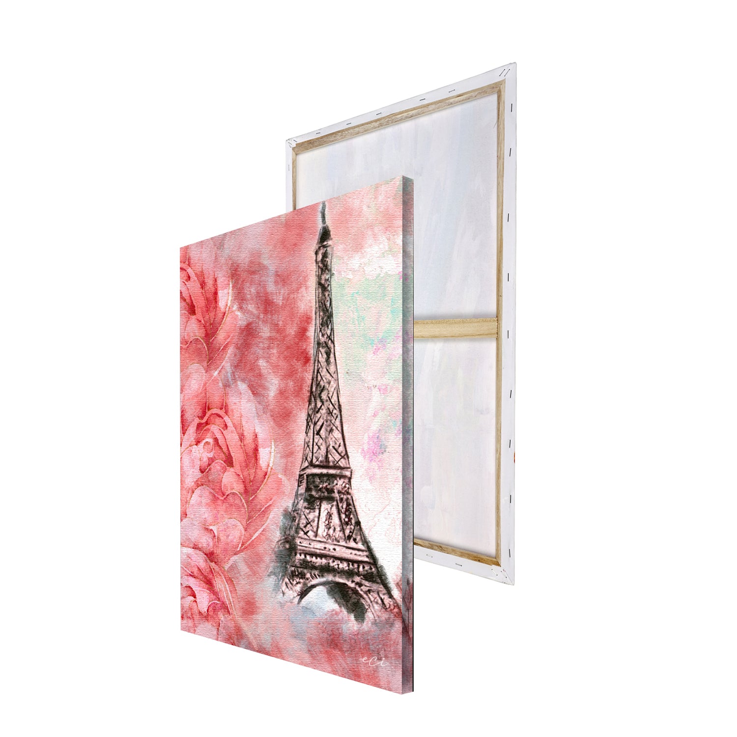 Eiffel Tower With Rose Flowers Painting Digital Printed Canvas Wall Art 4