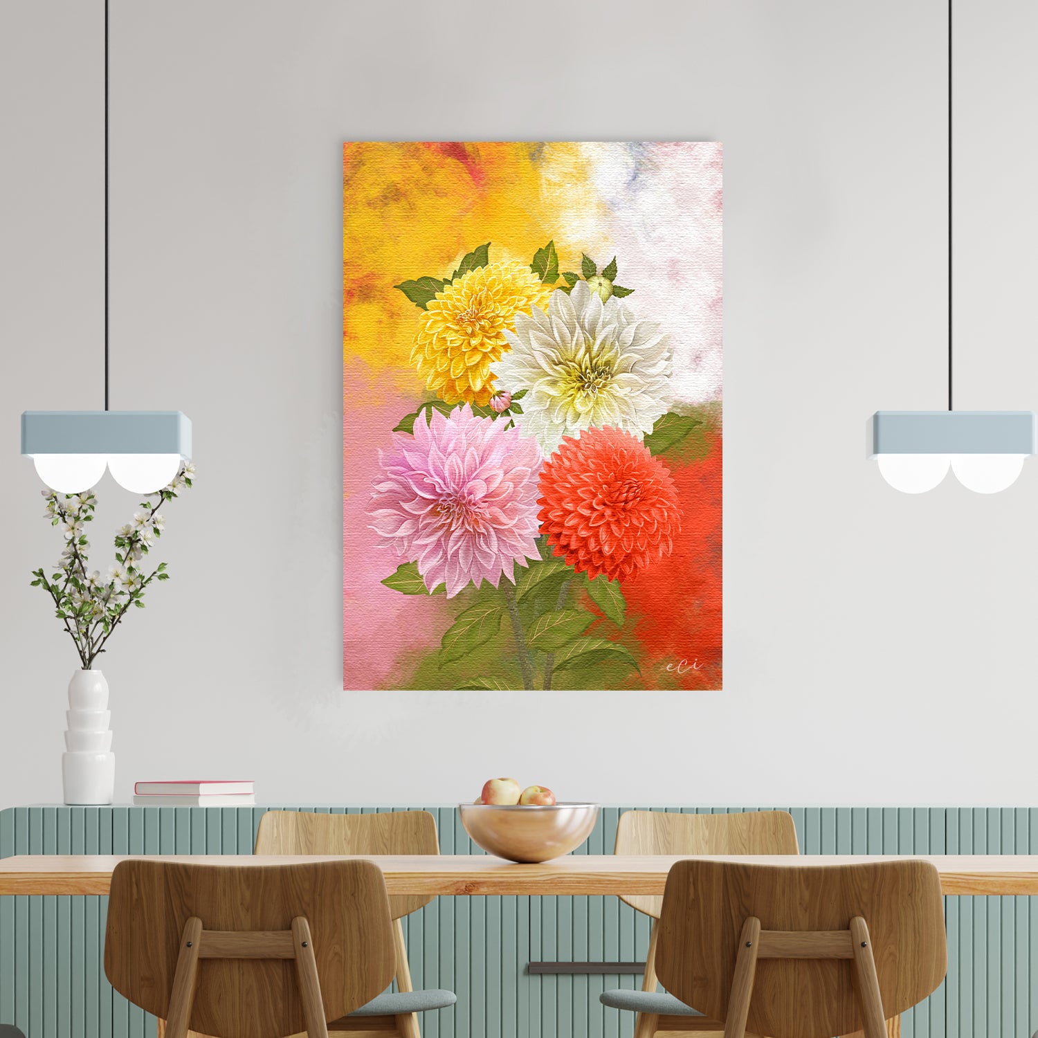 Beautiful Dahlia Flowers Bouquet Original Design Canvas Printed Wall Painting 1