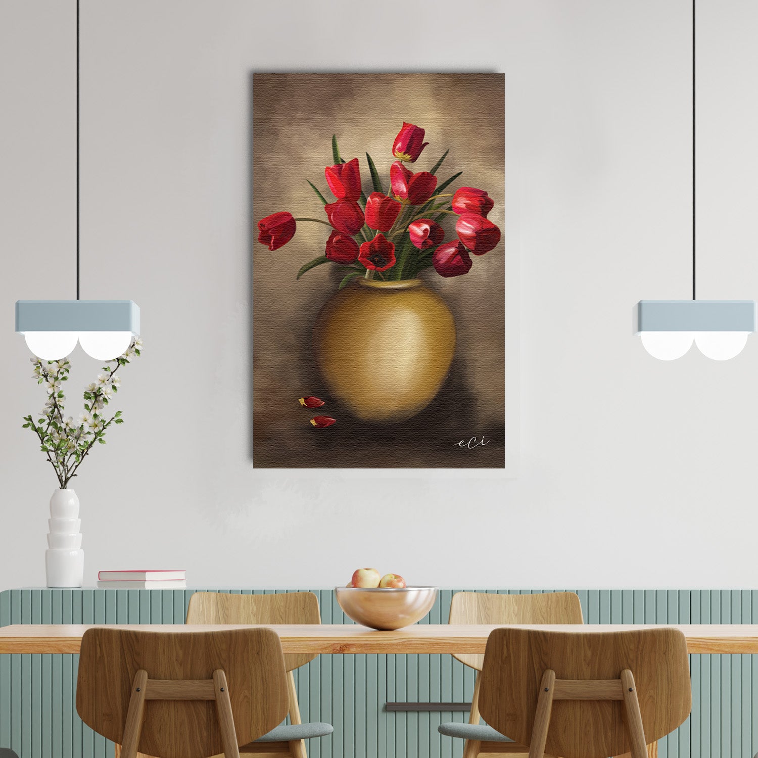 Beautiful Red Rose Flower Vase Original Design Canvas Printed Wall Painting 1