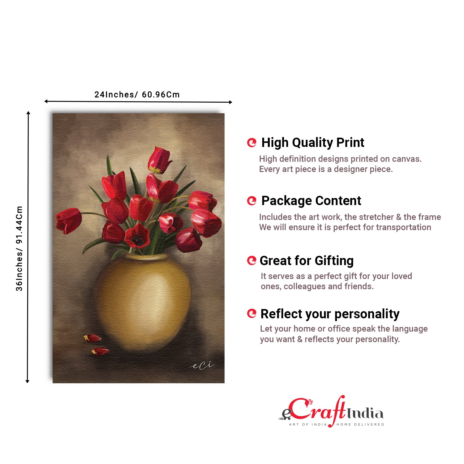 Beautiful Red Rose Flower Vase Original Design Canvas Printed Wall Painting 3