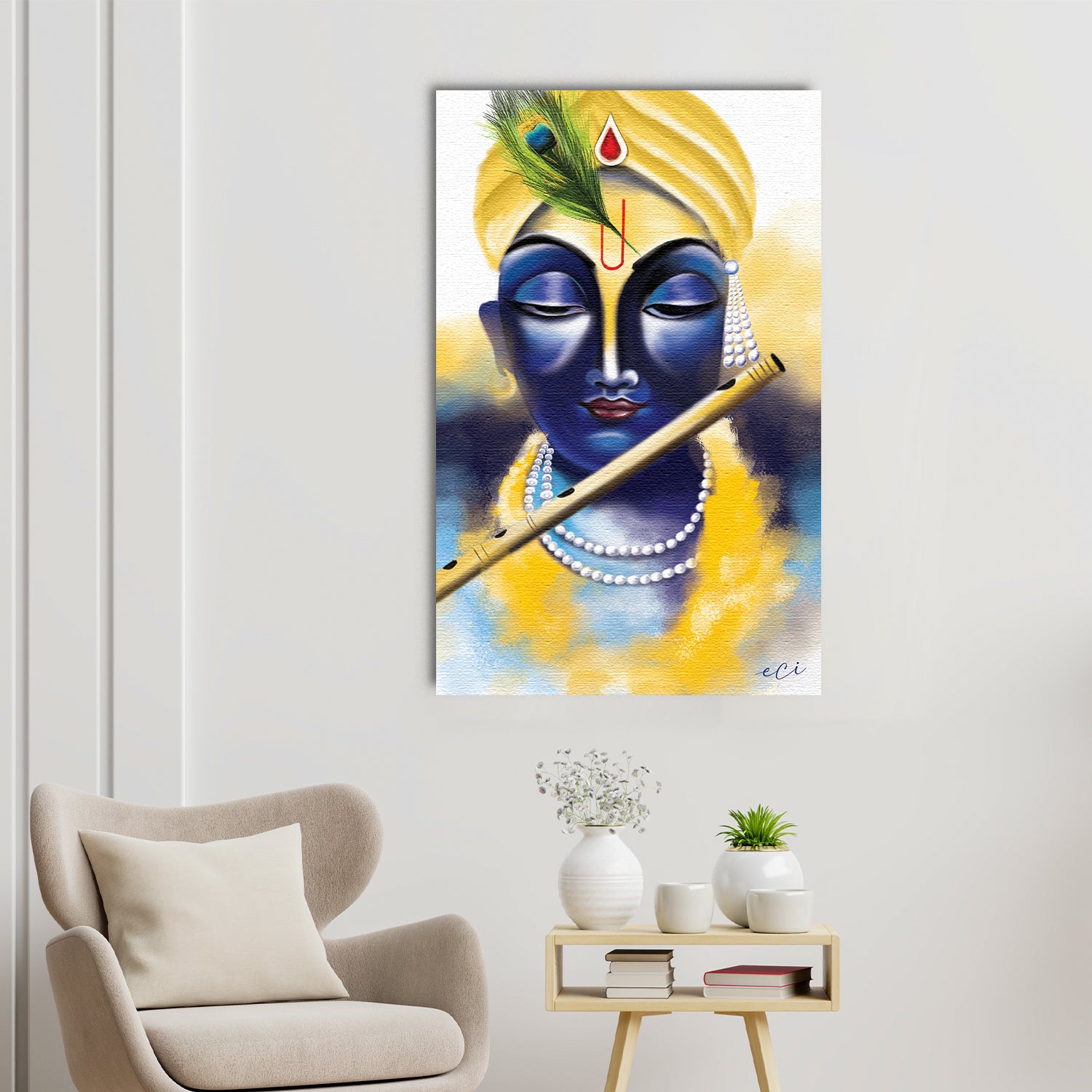 Lord Krishna Playing Flute Painting Digital Printed Canvas Wall Art