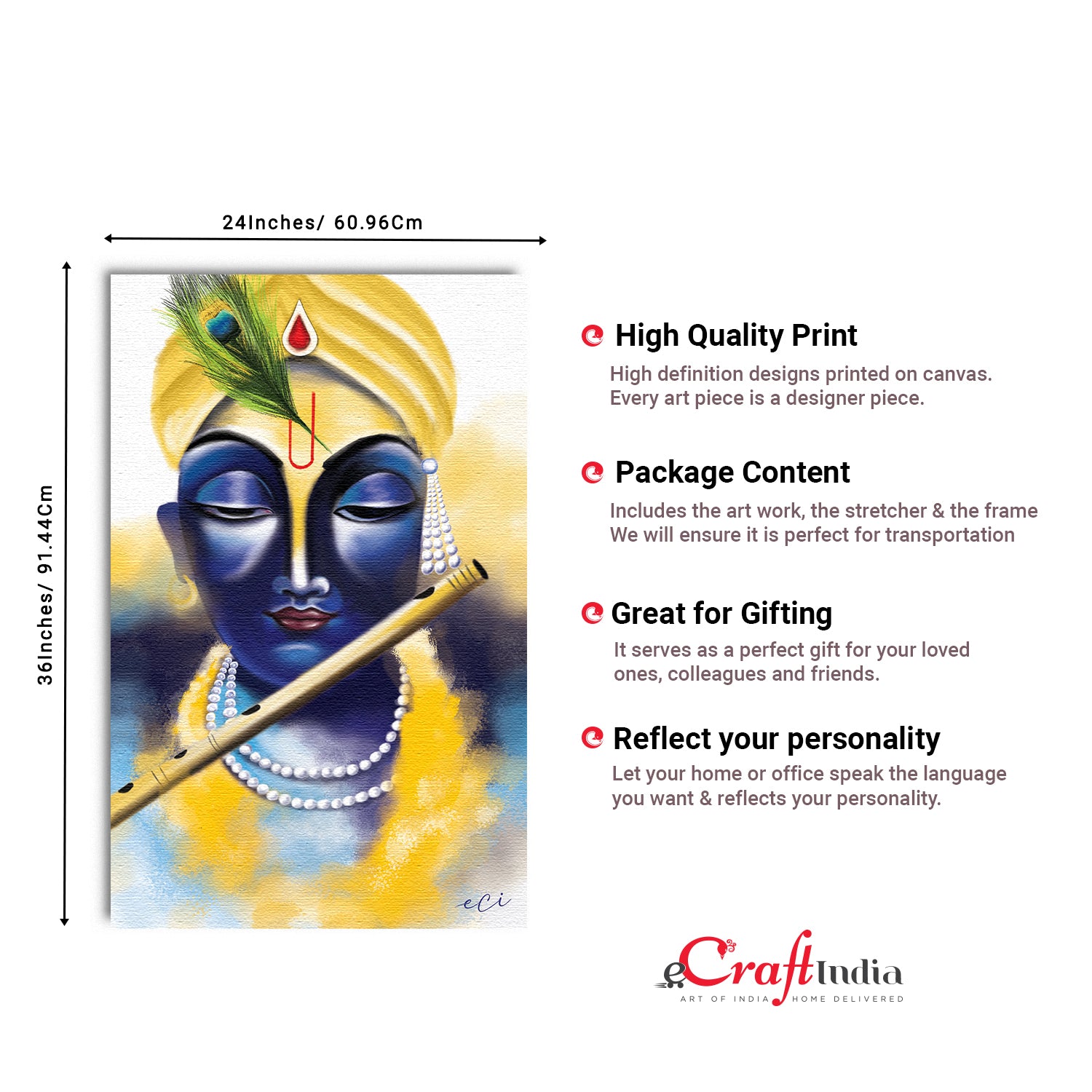 Lord Krishna Playing Flute Painting Digital Printed Canvas Wall Art 3