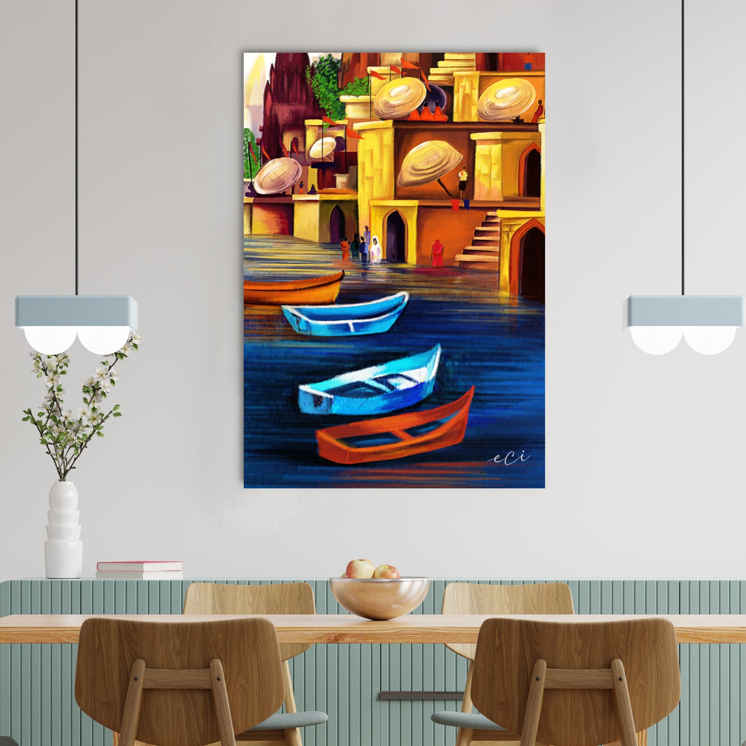 Banaras Ghat Boat Painting Digital Printed Canvas Wall Art 1