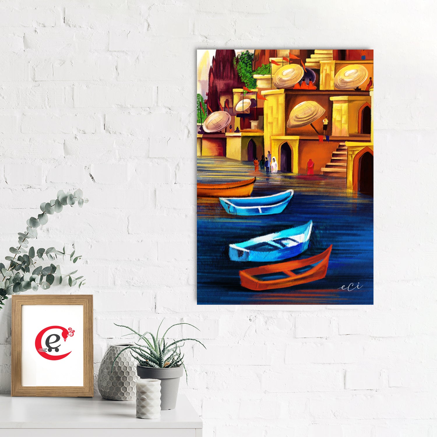 Banaras Ghat Boat Painting Digital Printed Canvas Wall Art 2