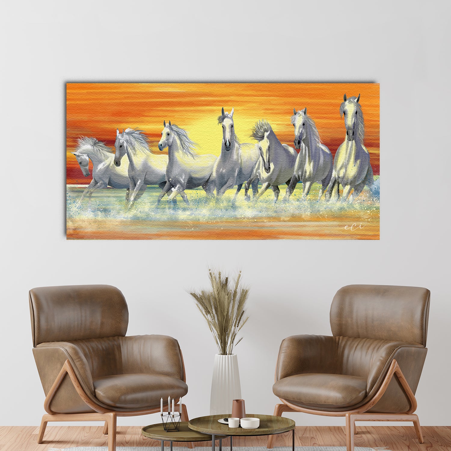 7 White Running Horses Painting Digital Printed Canvas Animal Wall Art