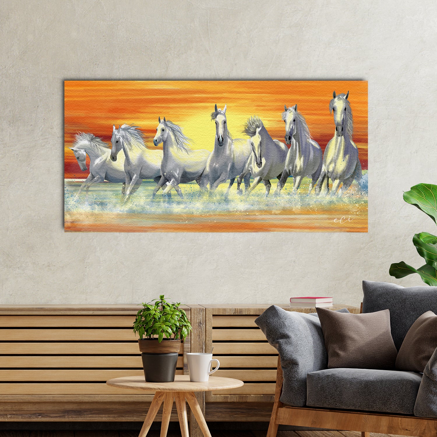 7 White Running Horses Painting Digital Printed Canvas Animal Wall Art 1