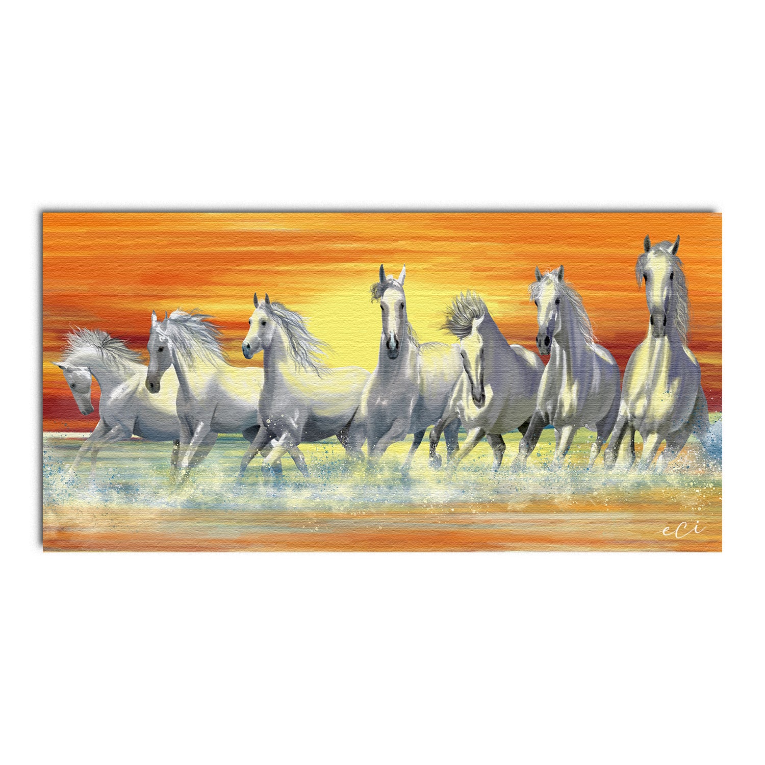 7 White Running Horses Painting Digital Printed Canvas Animal Wall Art 2