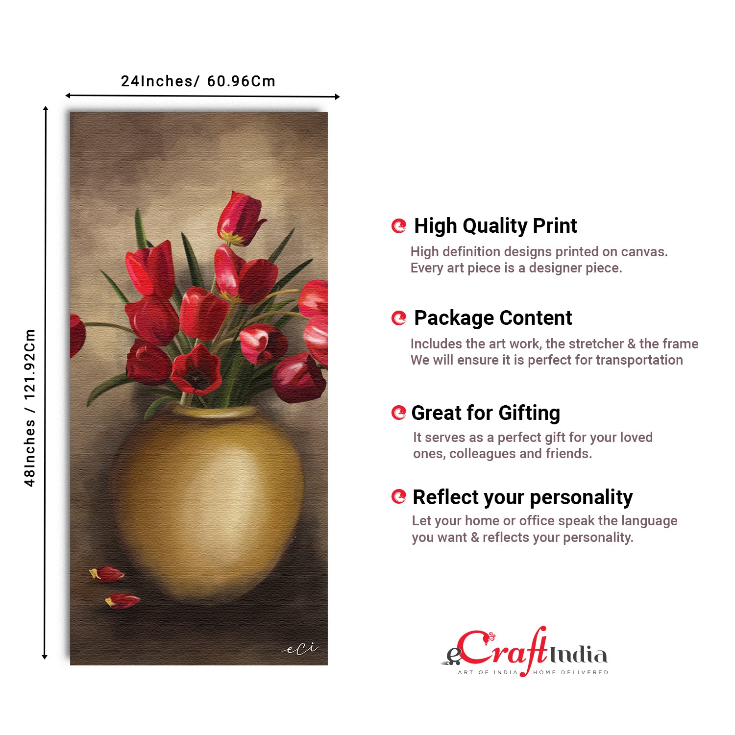 Beautiful Red Roses Flower Vase Wall Painting Digital Printed Canvas Art 3