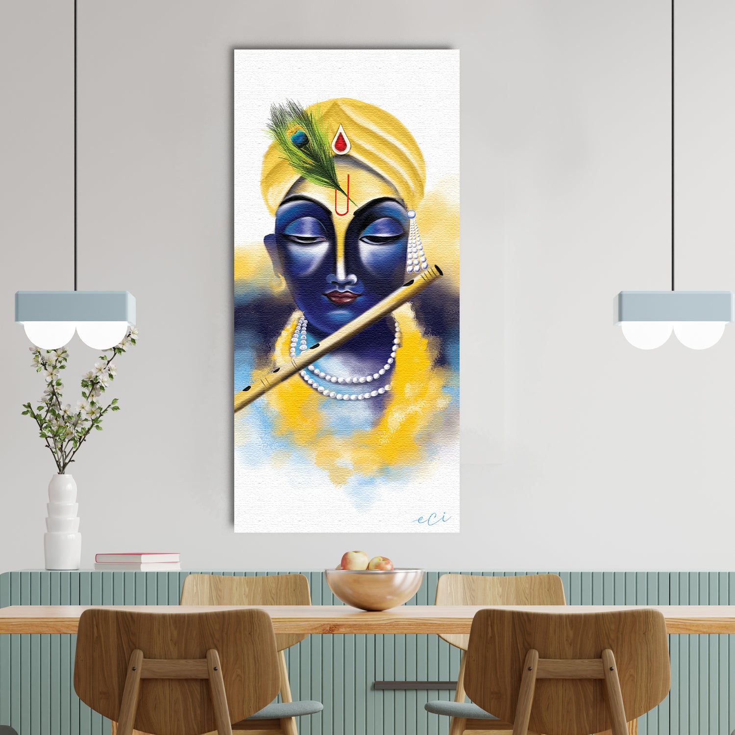 Lord Krishna Playing Flute Painting On Canvas Digital Printed Religious Wall Art 1