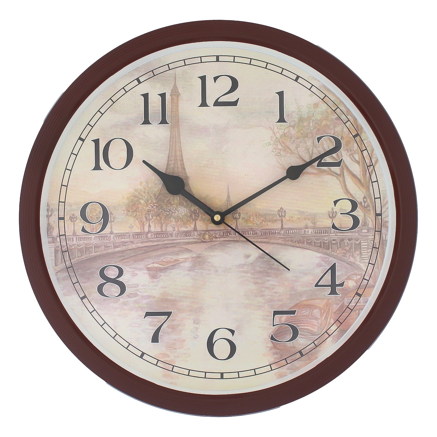 Multicolor Dial Eiffel Tower Printed Round Plastic Brown Wall Clock for Kids (12*12 IN)