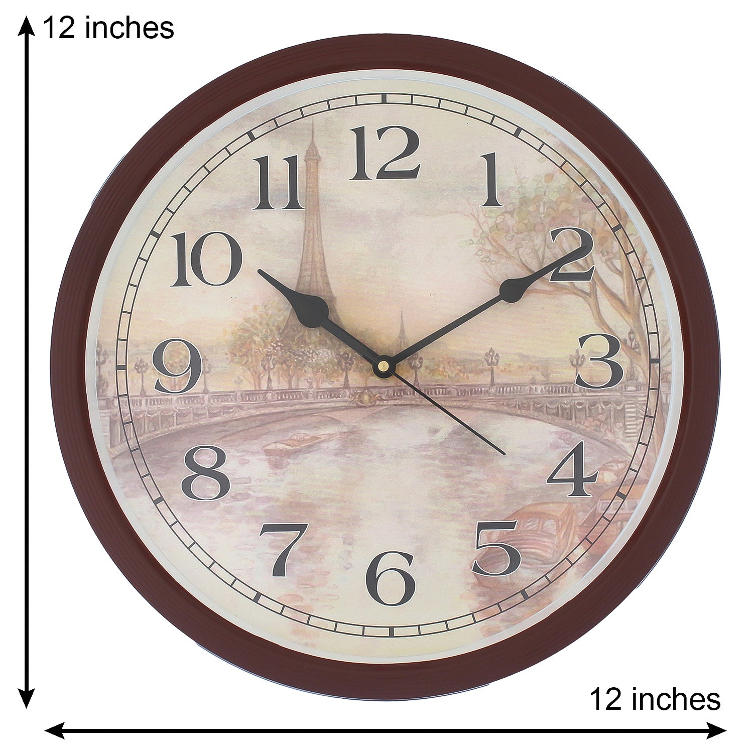 Multicolor Dial Eiffel Tower Printed Round Plastic Brown Wall Clock for Kids (12*12 IN) 2