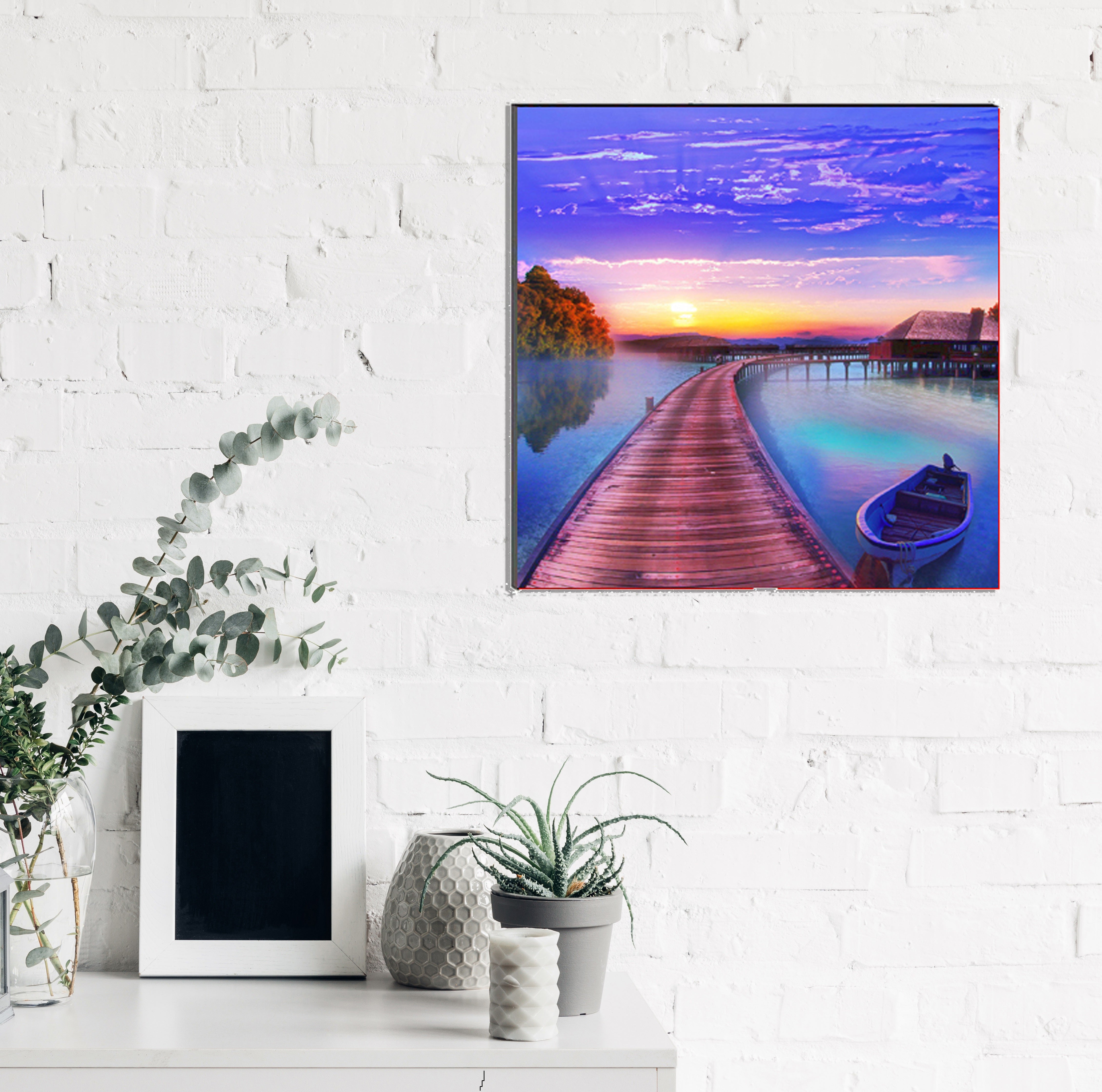 6MM MDF Scenic River Side View with Boat Satin Matt Texture UV Art Painting 1