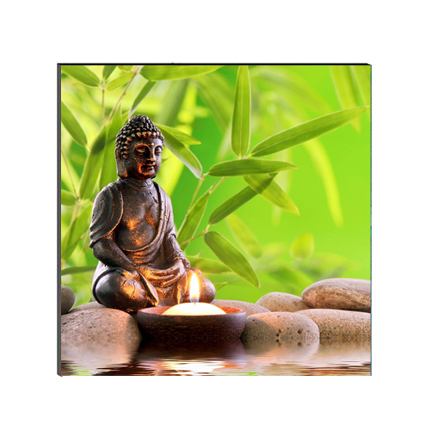 Meditating Lord Buddha Painting With Candle Digital Printed Religious Wall Art