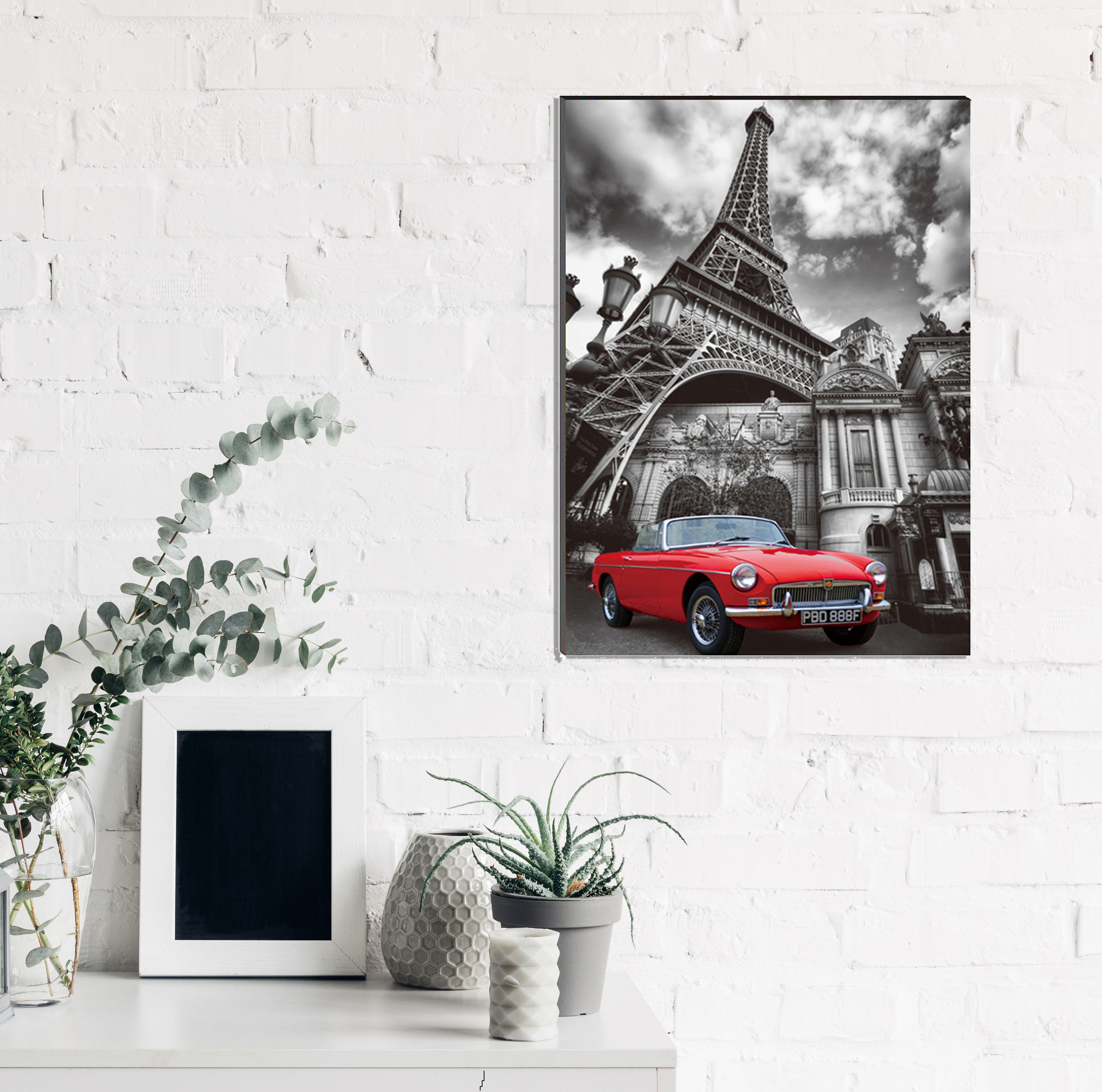 6MM MDF Red Car Underneath Eiffel Tower Satin Matt Texture UV Art Painting 1