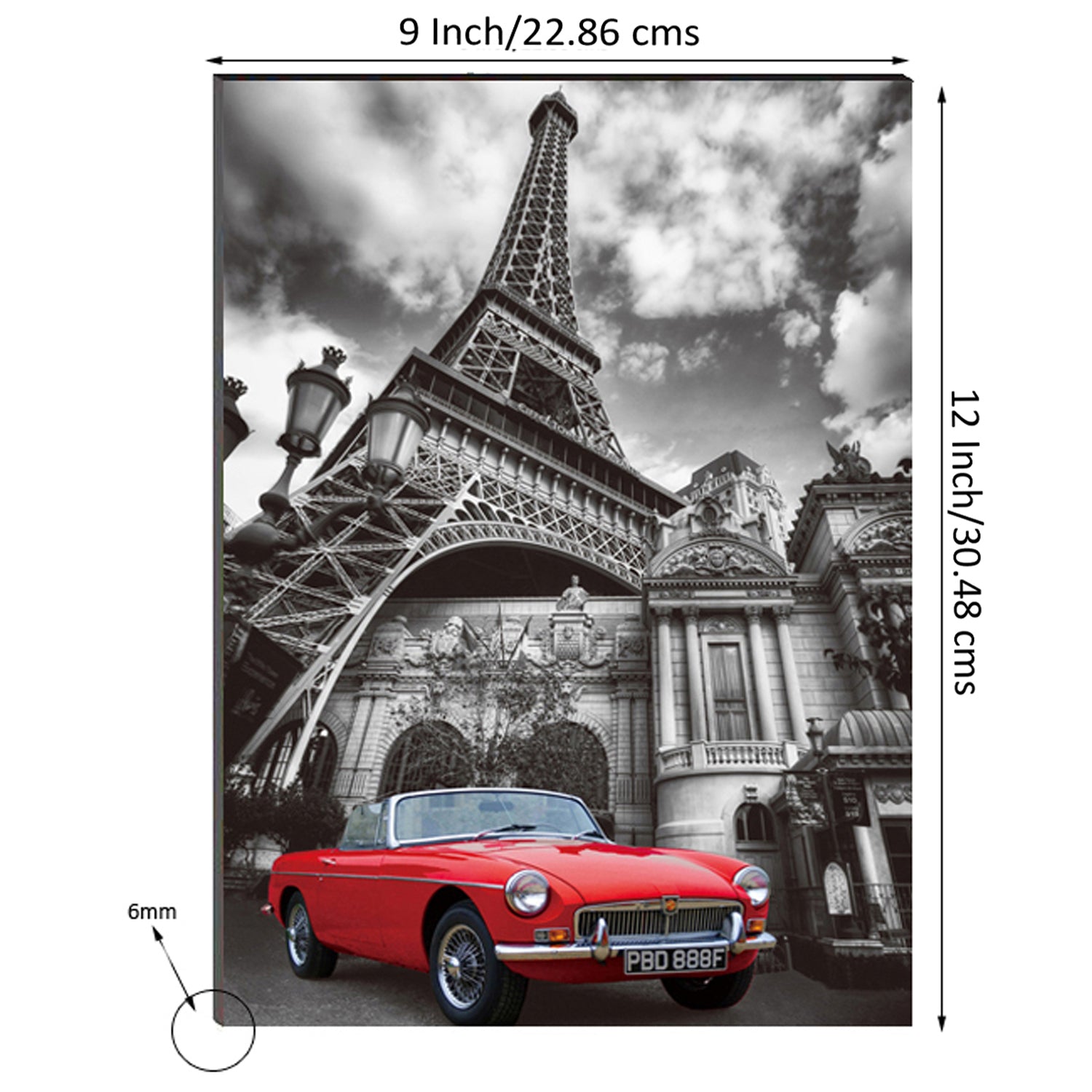 6MM MDF Red Car Underneath Eiffel Tower Satin Matt Texture UV Art Painting 2