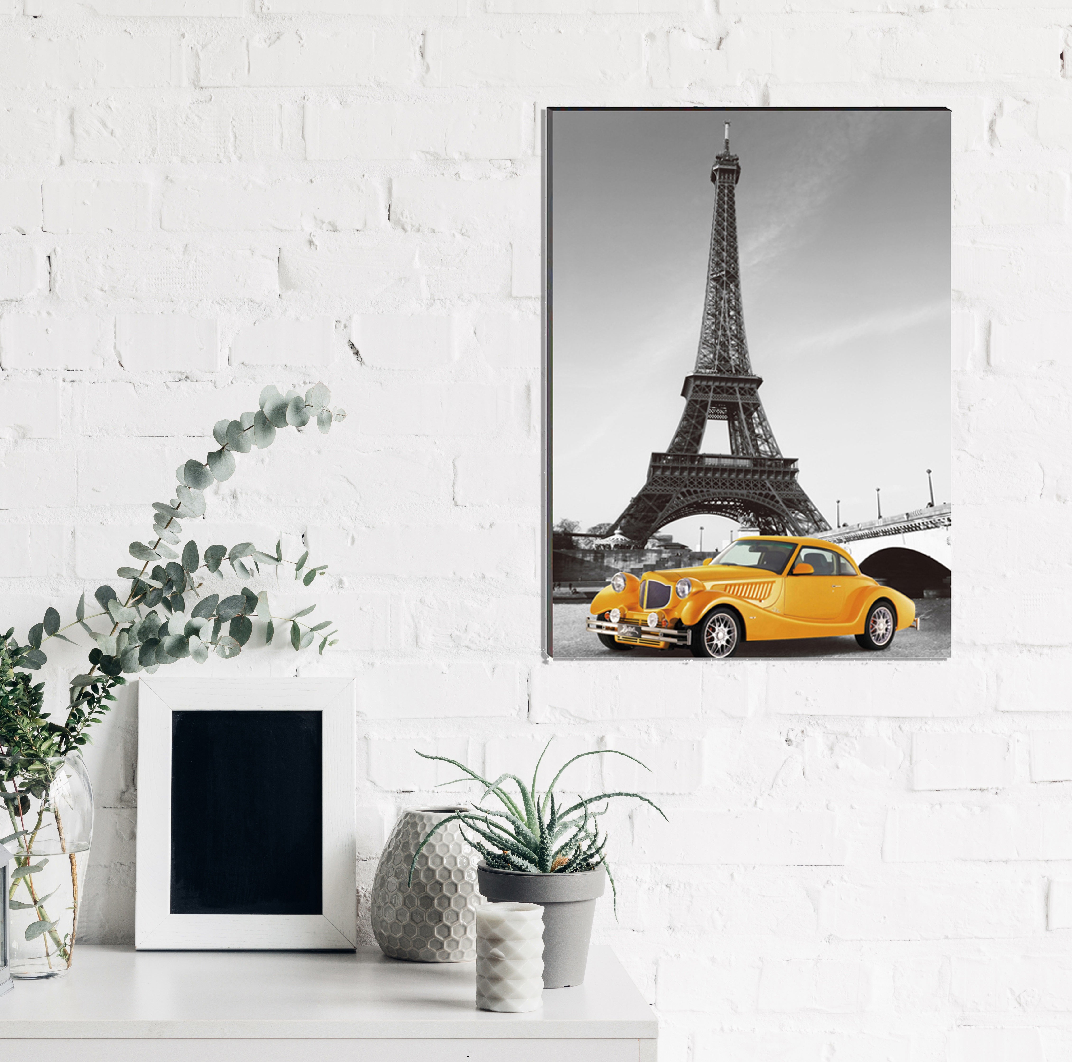 6MM MDF Yellow Car Underneath Eiffel Tower Satin Matt Texture UV Art Painting 1