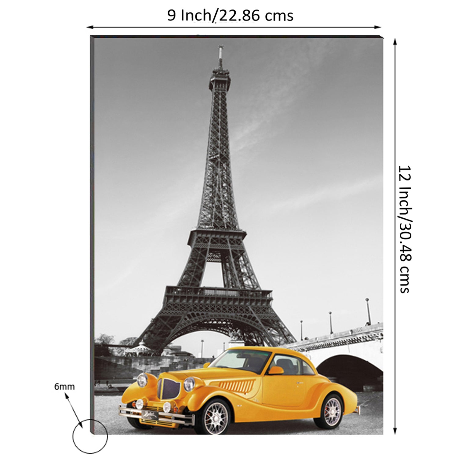 6MM MDF Yellow Car Underneath Eiffel Tower Satin Matt Texture UV Art Painting 2