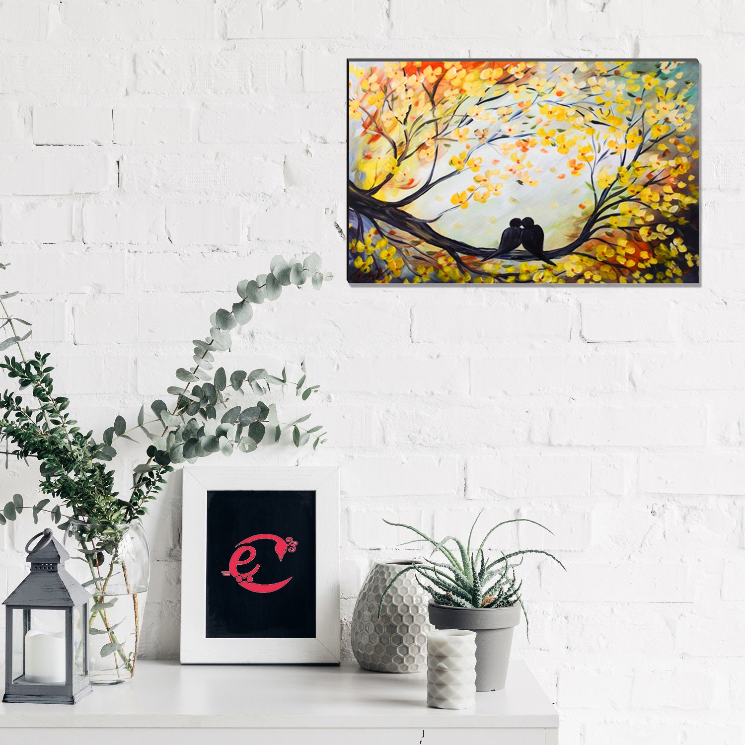 6MM MDF Kissing Love Birds on Tree Branch Satin Matt Texture UV Art Painting 1