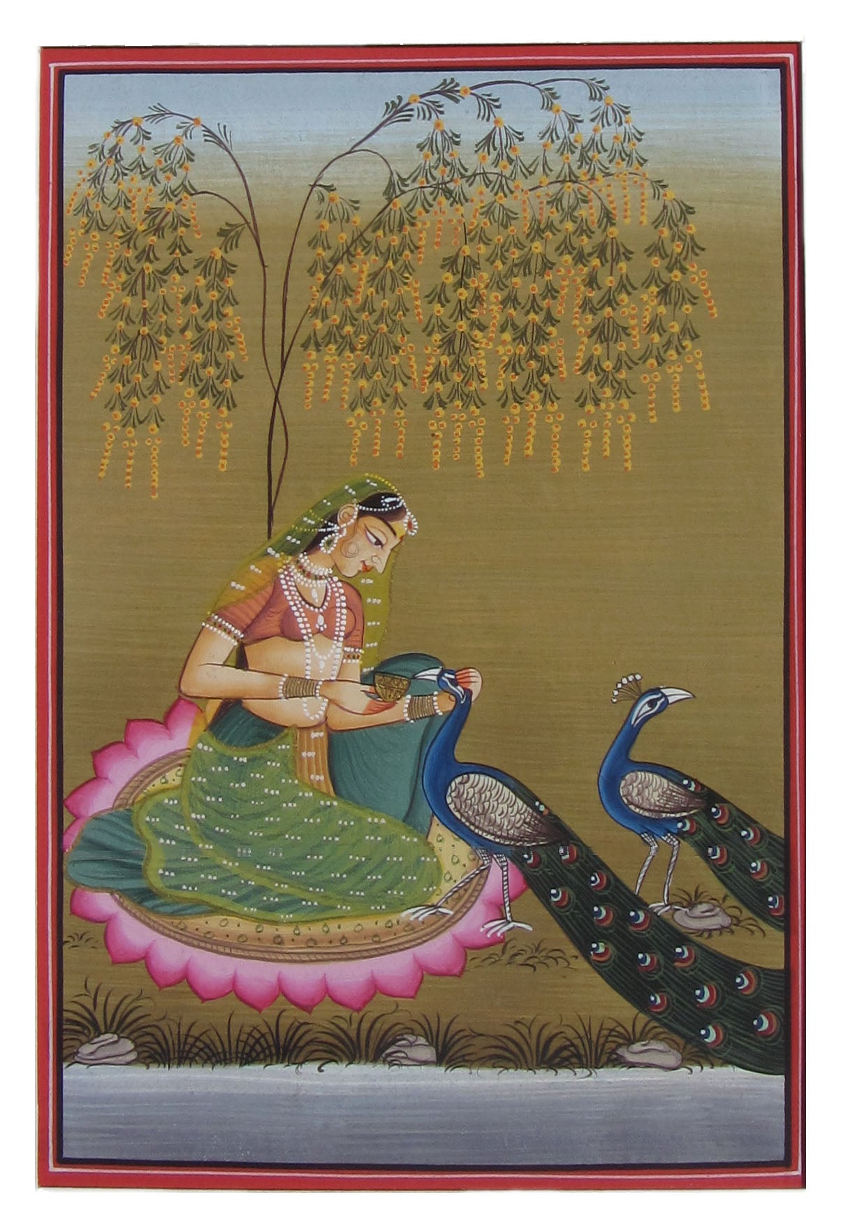 Mughal Queen with Peacocks Original Art Paper Painting