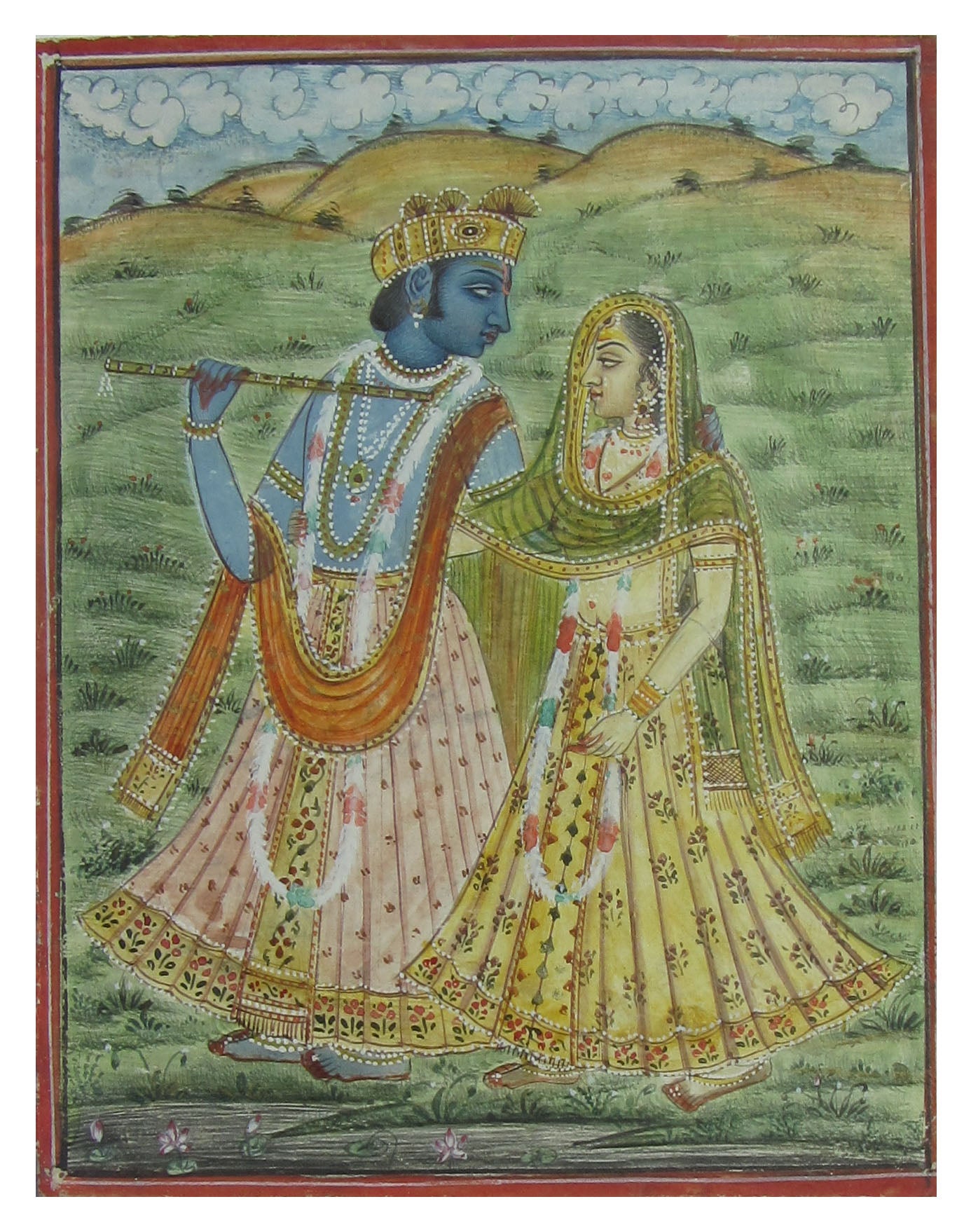 Krishna Playing Flute with Radha Original Art Paper Painting