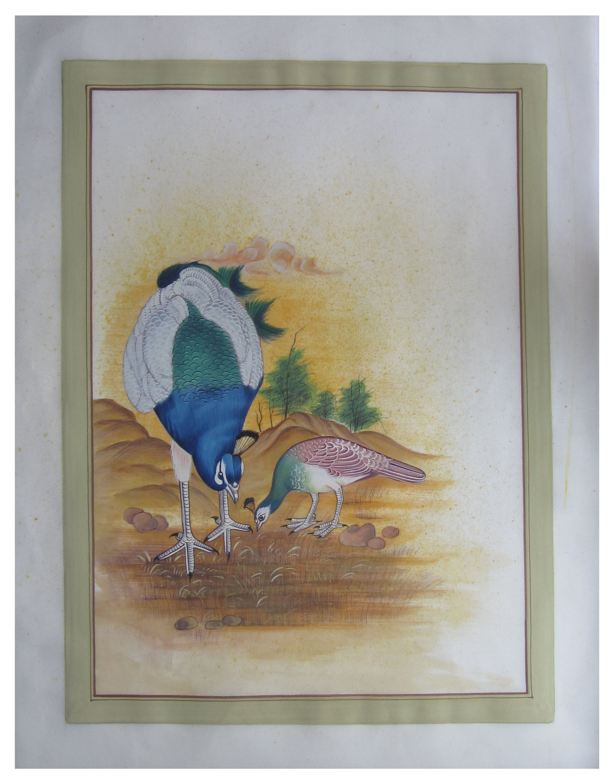 Miniature Peacock's Peahen Original Art Silk Painting