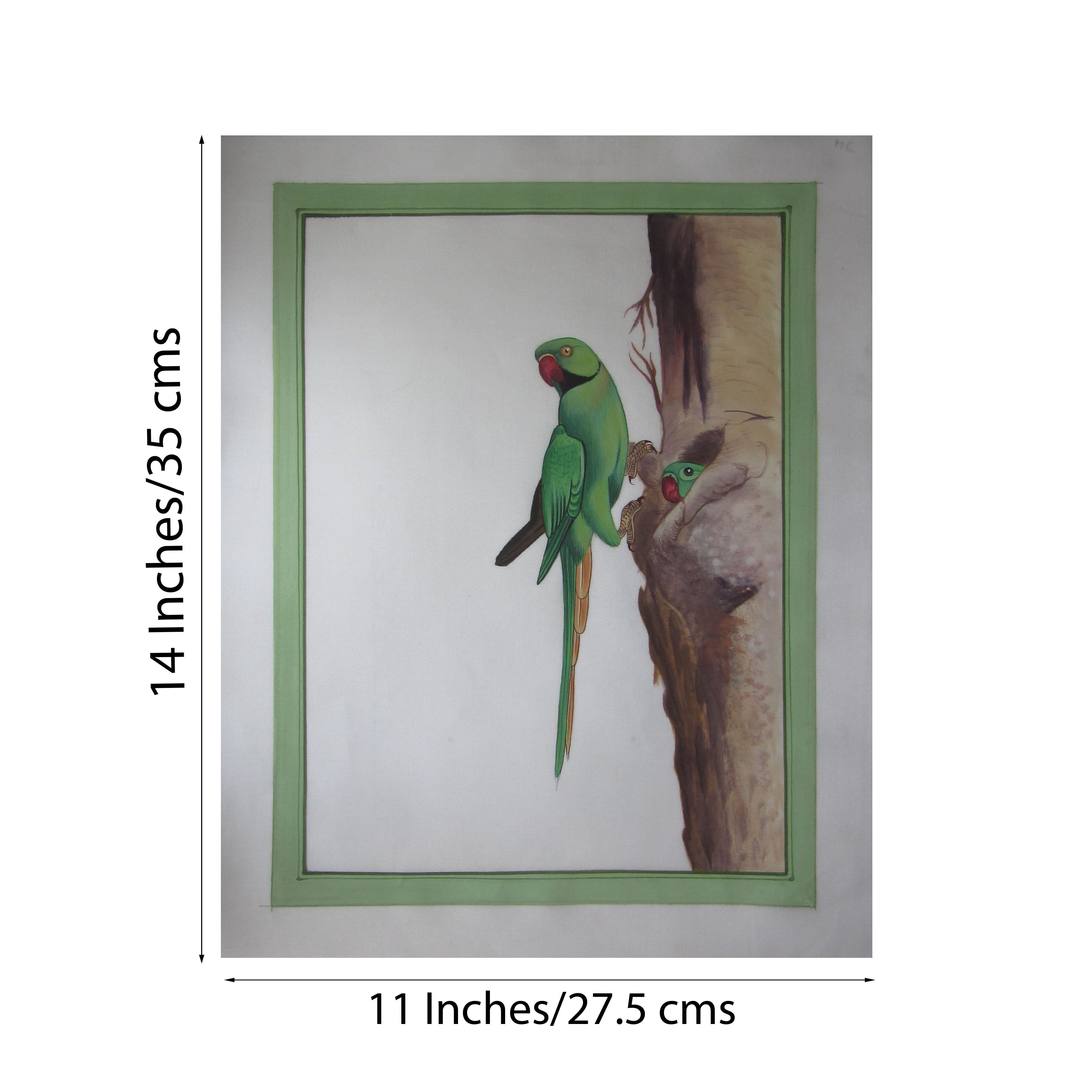 Miniature Green Parrots Original Art Silk Painting 1